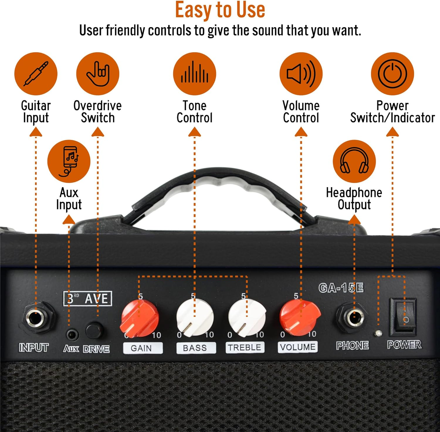 3Rd Avenue 15W Guitar Practice Amplifier with Headphone Output, Overdrive Switch, 2 Band EQ, Tone/Gain Controls &ndash; Portable Compact &ndash; Black image number 2