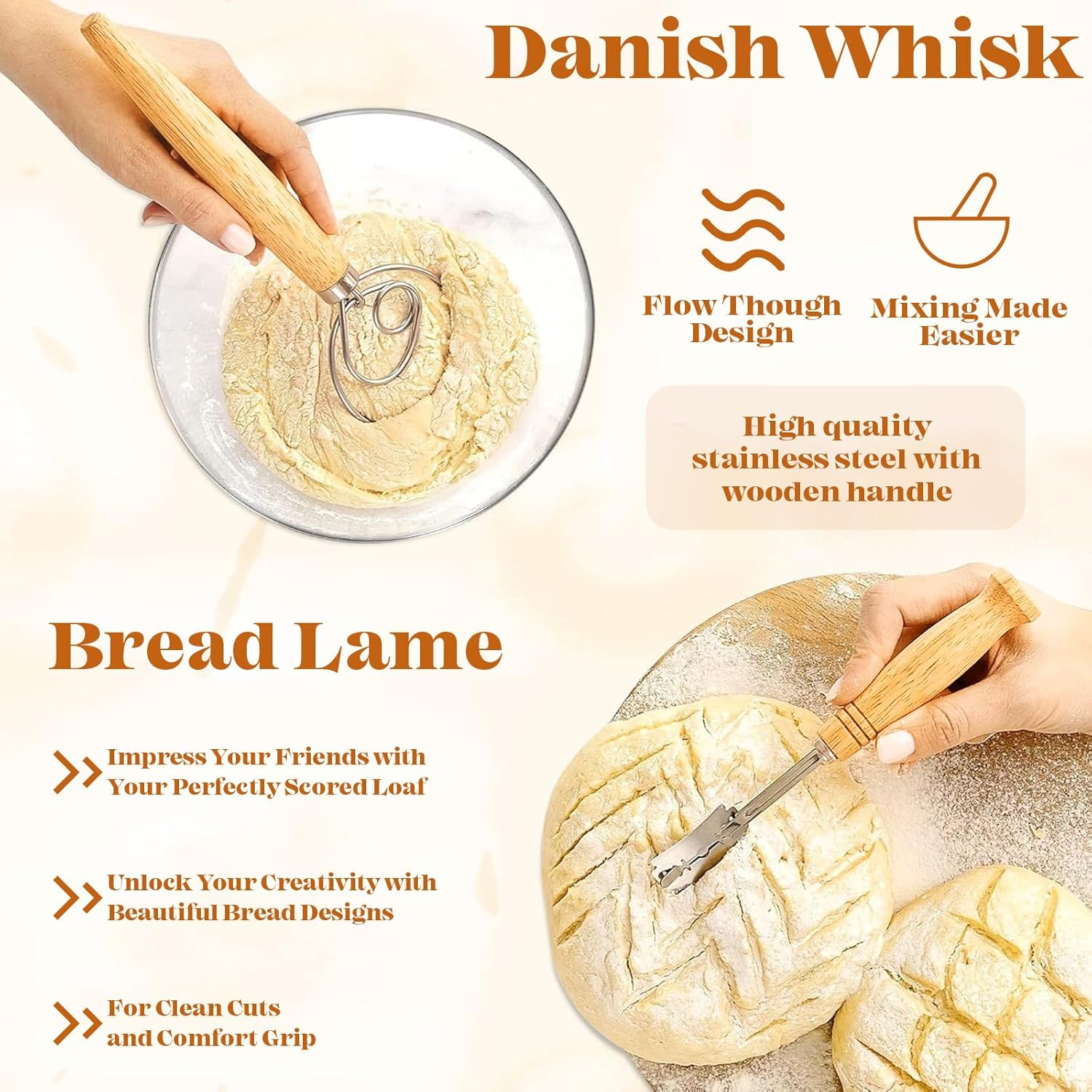 Sourdough Starter Kit - Banneton Proofing Basket Set, 9'' round & 10'' Oval Sourdough Baskets, Complete Sourdough Bread Baking Supplies with Starter Jar,Bread Sling,Lame,Danish Dough Whisk&Bread Bags image number 5