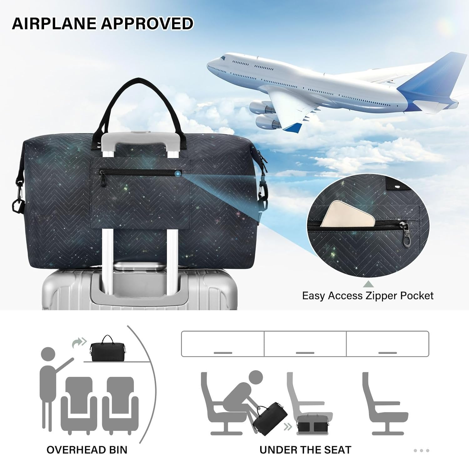 XYMZR Large Travel Duffel Bag, Galaxy Nebula Space Sports Tote Gym Bag, Shoulder Weekender Overnight Bag for Women Men, Carry on Luggage with Toiletry Bags, Multi-Colored, Multi-Colored image number 4