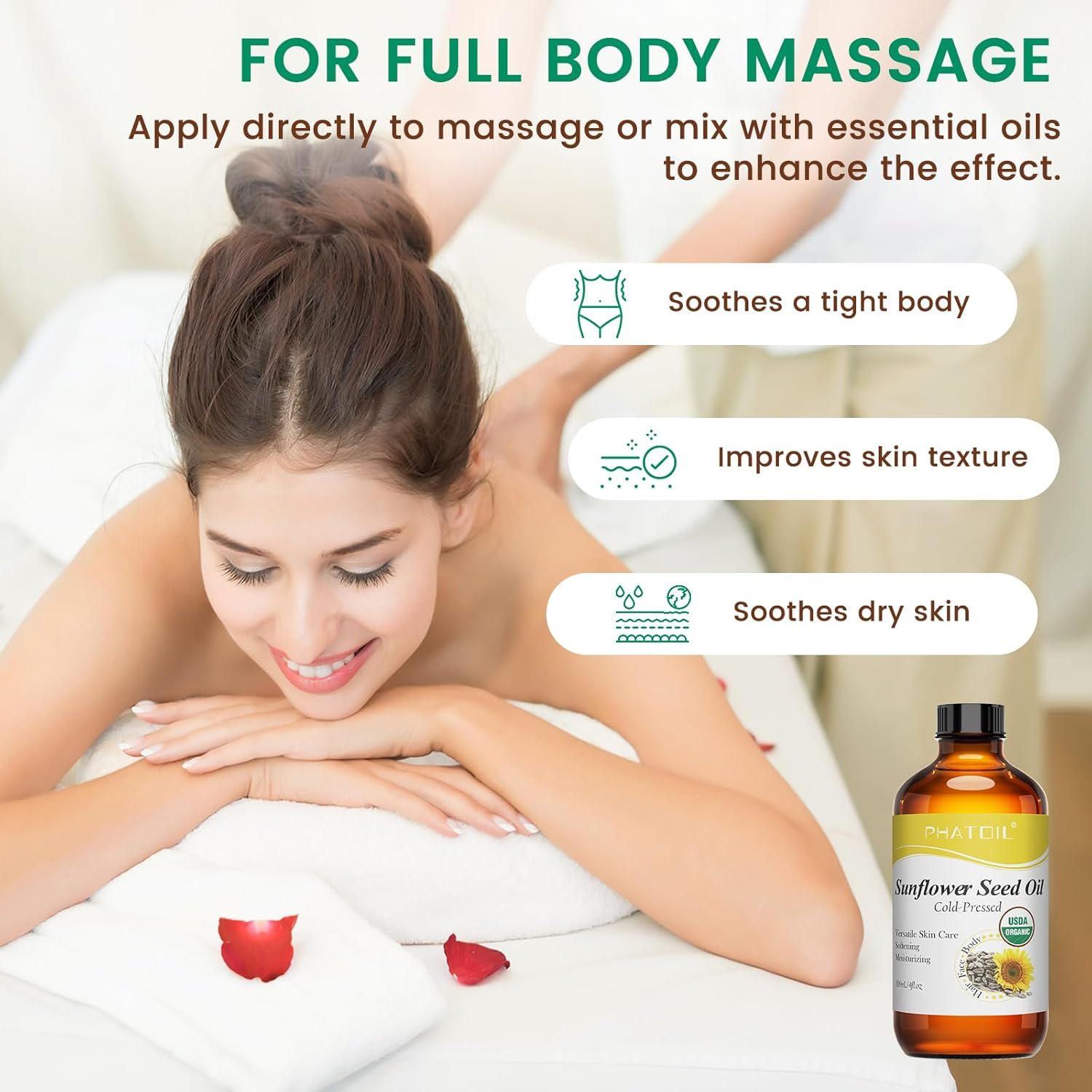 PHATOIL Organic Sunflower Seed Oil for Skin 118 Ml (4 Fl.Oz), USDA Certified Organic, Cold Pressed Sunflower Oil in Glass Bottle for Hair, Body Moisturizer, Carrier Oil for DIY, Massage image number 4