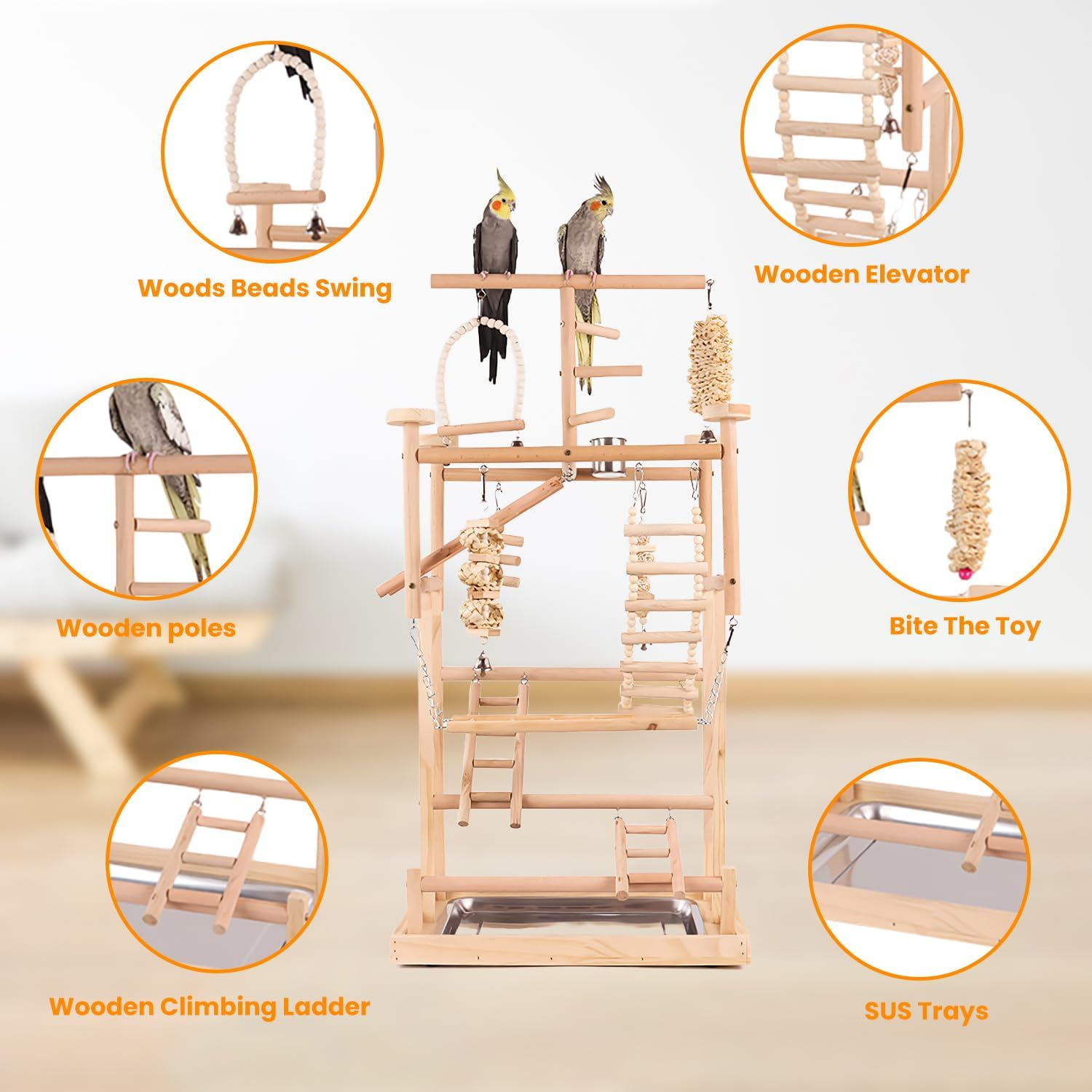 Uandhome Bird Playground,4 Tier Parrots Playstand for Small to Medium Birds, Perch Stand with 3 Ladders Playgym with Rope Perch, Swings Feeder Cups Bird Cage Accessories for Conure Cockatiel Lovebirds