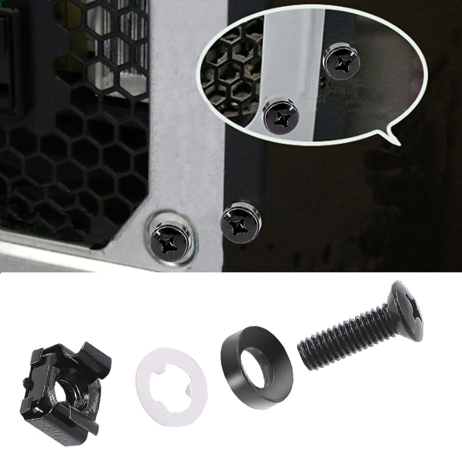 100 Set M5,M6 Cage Nuts Screws and Washers Set, Hardware Cage Nut Screws and Washers for Rack Mount Server Shelves Cabinet(Black) image number 1