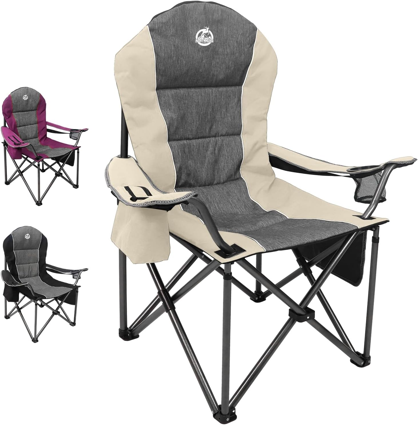 Northroad Oversized Portable Camping Chair, Full Padded Outdoor Folding Chair Support 350 LBS, Heavy Duty Lawn Chair with Cup Holder, Cooler Bag, Lumbar Support, Head Pocket for Adult-Beige image number 1