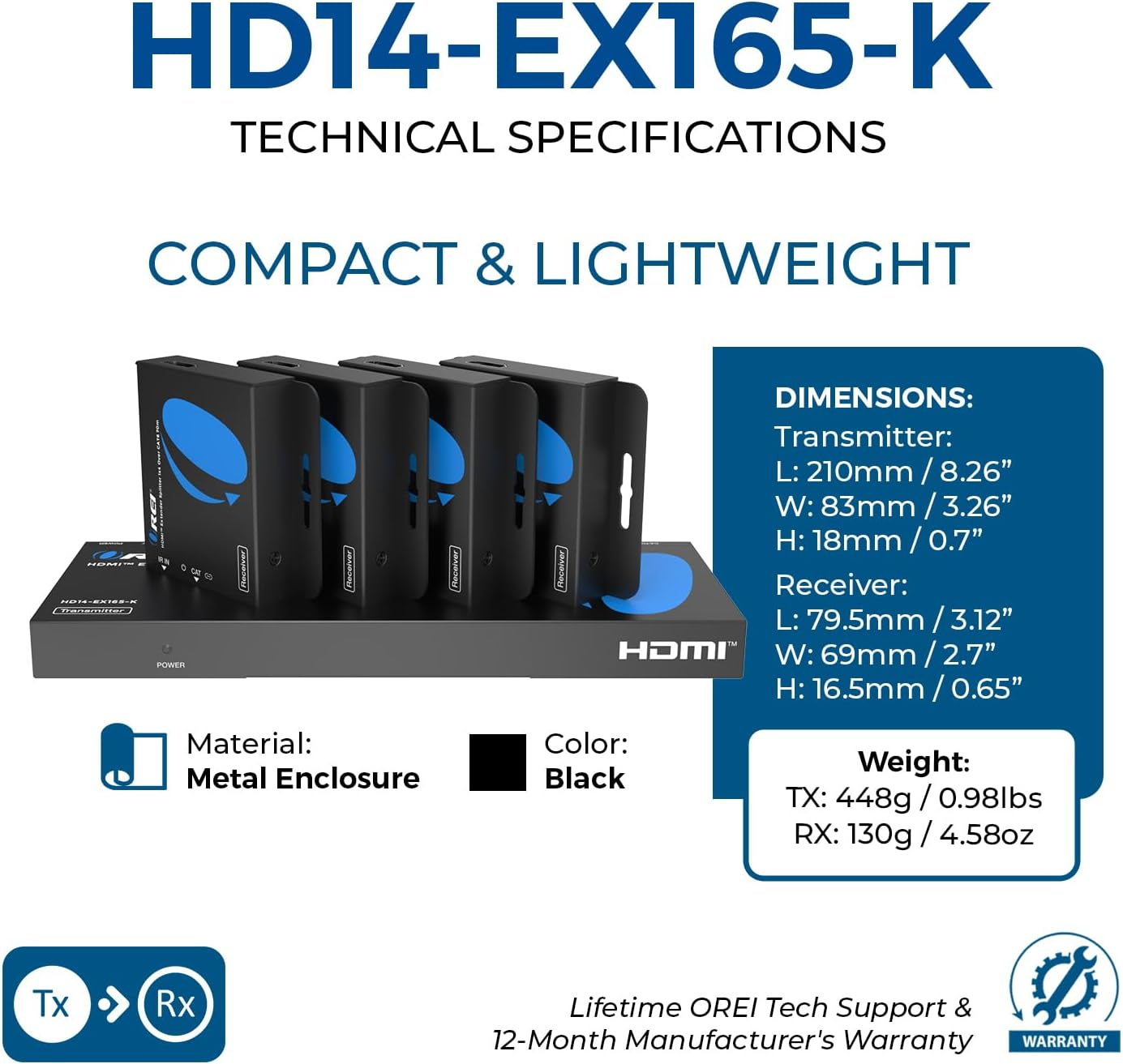 OREI 1X4 HDMI Extender Splitter Multiple over Single Cable CAT6/7 1080P with IR Remote EDID Management - up to 165 Ft - Loop Out - Low Latency - Full Support image number 1