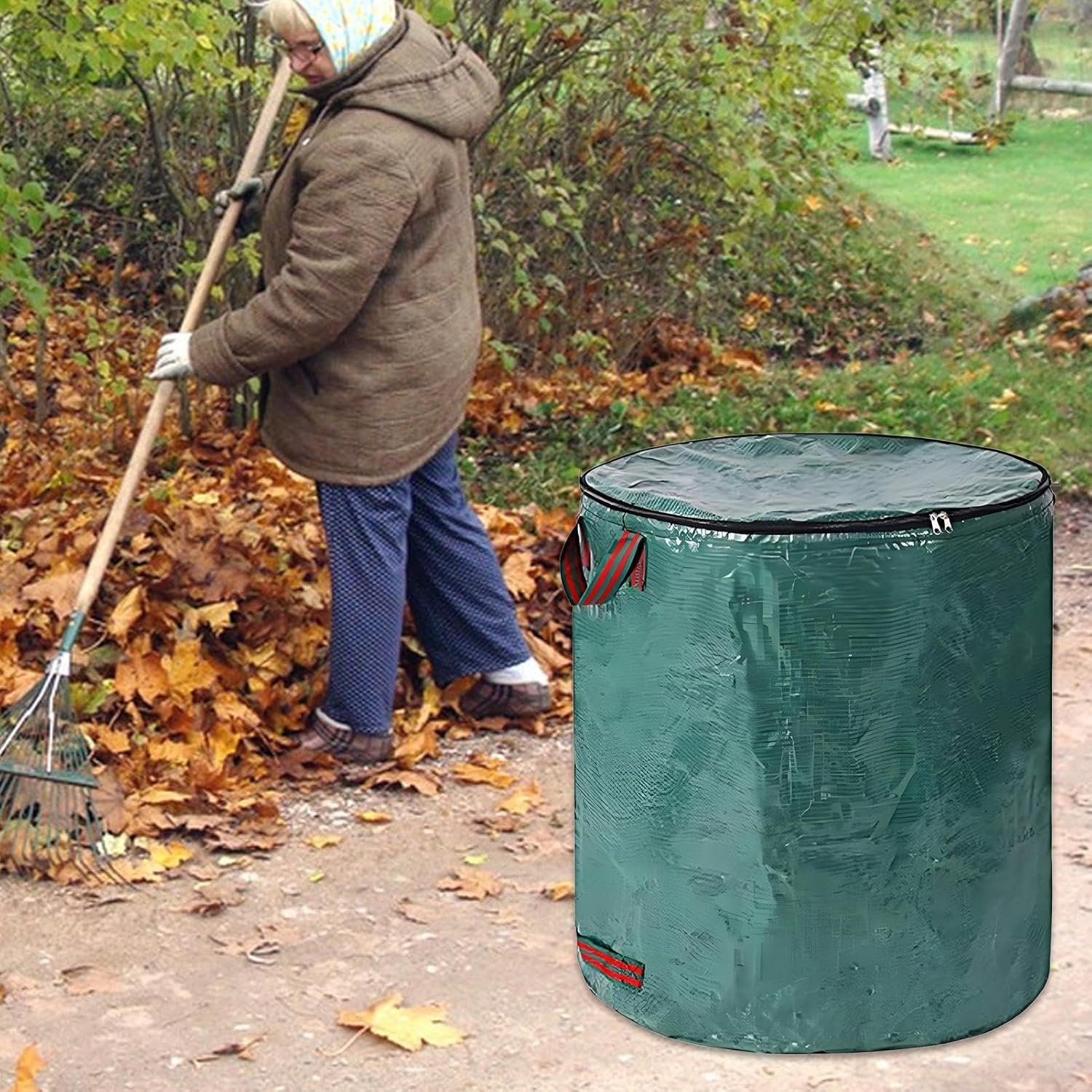 Qkbuza Garden Bag for Leaves | Heavy Duty Stand up Yard Waste Bin,Foldable Garbage Can Bin with Reinforced Handles for Basement, Moving, Cleanup - 32 Gallon image number 7