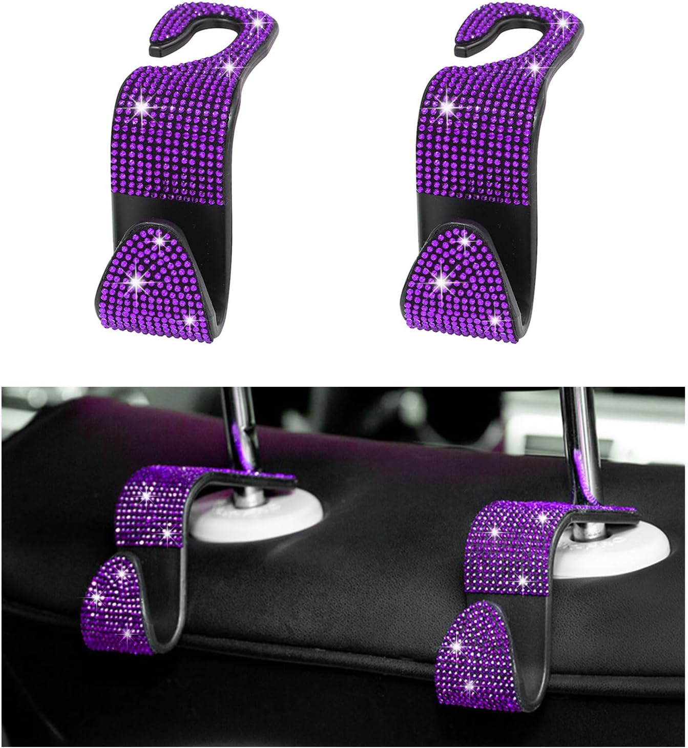 Augeny 2 PCS Bling Car Seat Headrest Hooks, Crystal Rhinestone Back Seat Hanging Storage Organizer, Auto Purse Bags Hanger, Universal Vehicle Interior Accessories for Women Girls (Purple) image number 7