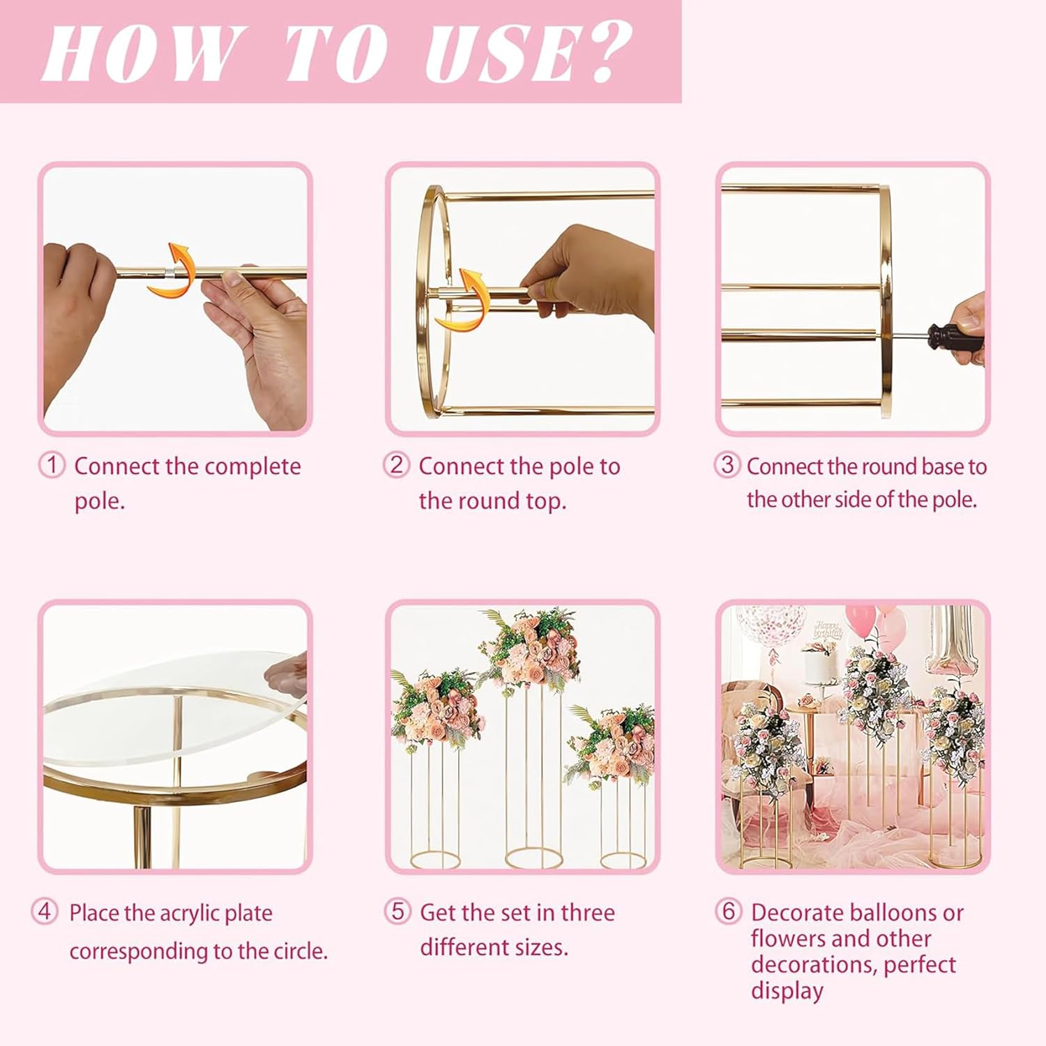 Cylinder Pedestal Stands for Parties, Metal Cake Table round Stand, Display Cylinder Tables for Birthday Party Wedding Living Room Patio, 3PCS Gold image number 3