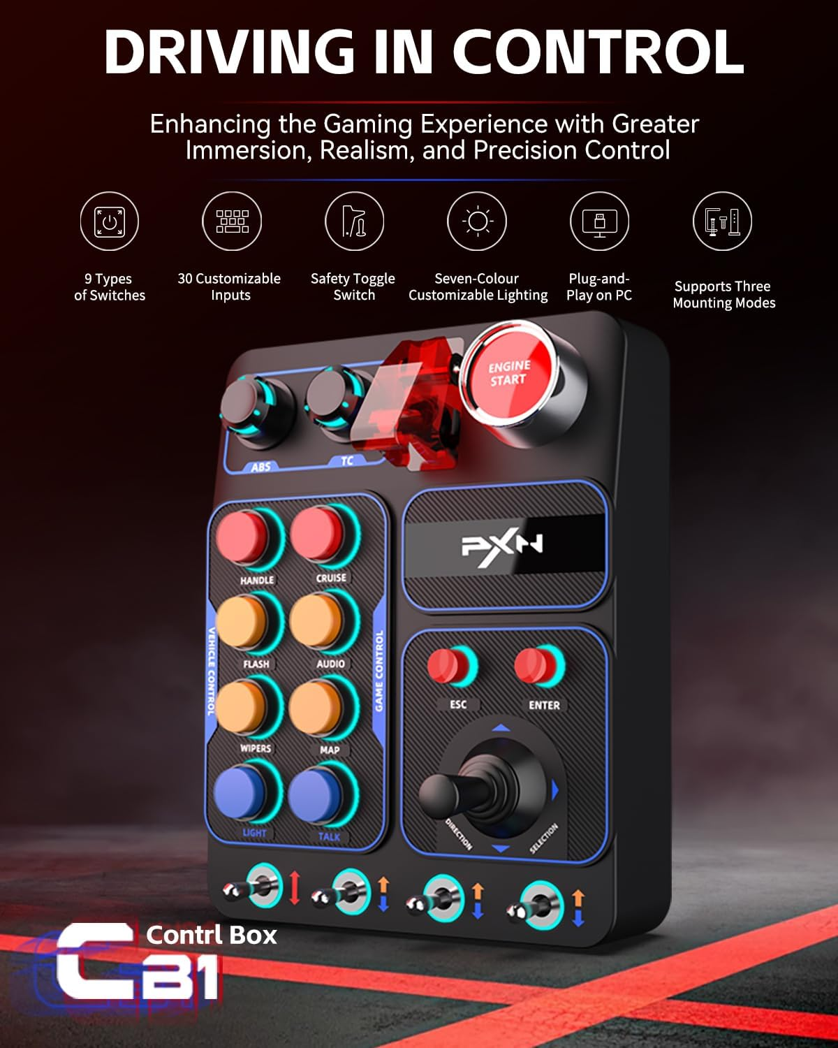 PXN CB1 Button Box - Steering Wheel Side Panel, Auxiliary ETS2 Controller - PC Only | 19 Sim Buttons & Switches, RGB Lighting, Adjustable Clamp | for Racing, Truck, Flight & Farm Simulator Games image number 5