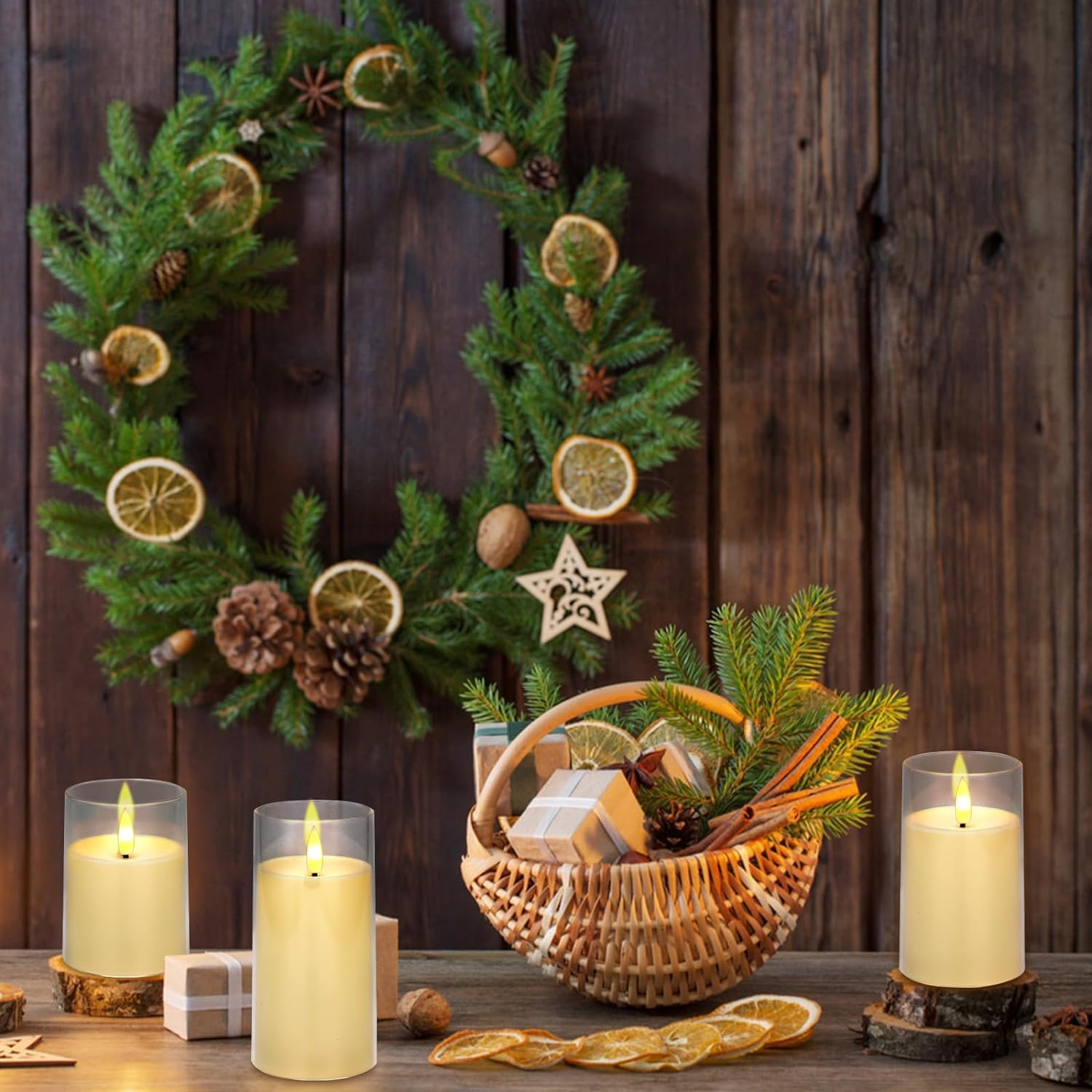 Clear Glass Flameless Candles Battery Operated with Timer, Remote Control, LED Pillar Candles Battery Powered, D3 H4 5" 6", Set of 3 (Ivory White) image number 4