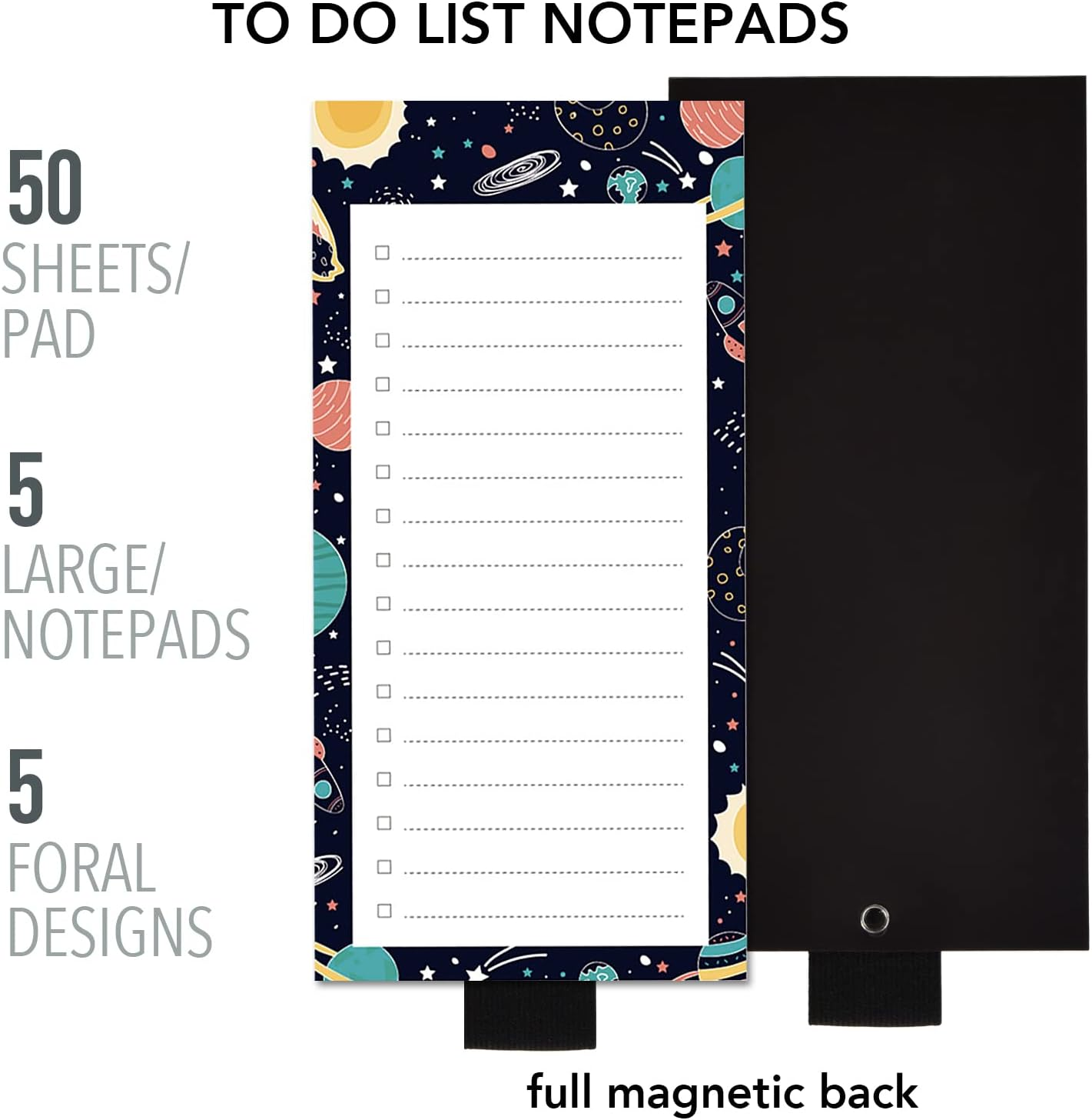 5 Pack Full Magnetic Notepads for Fridge with Pen Holder, Nature Universe Theme, 6" X 3", 50 Sheets, Magnet Memo Pad for Fridge, Locker, File Cabinet, to Do List, Grocery Shoppin image number 2