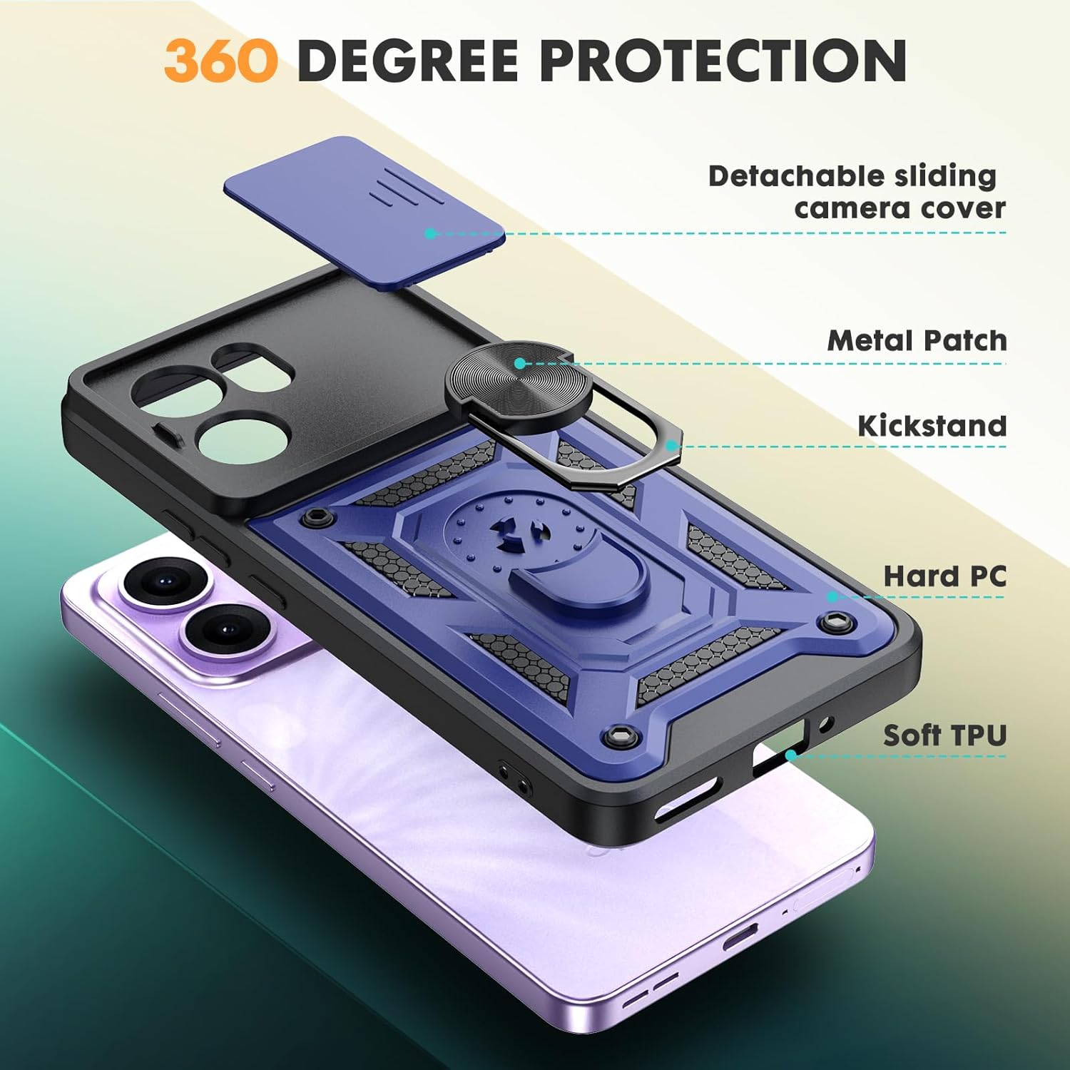 Oududianzi - Case for Oppo Reno 13 F 4G/5G Mobile Phone Case, [Pack of 2 Screen Protectors] with Sliding Camera Cover, Rotating Finger Ring Stand, Shockproof, Scratch-Resistant Protective Case - Blue - Black image number 4