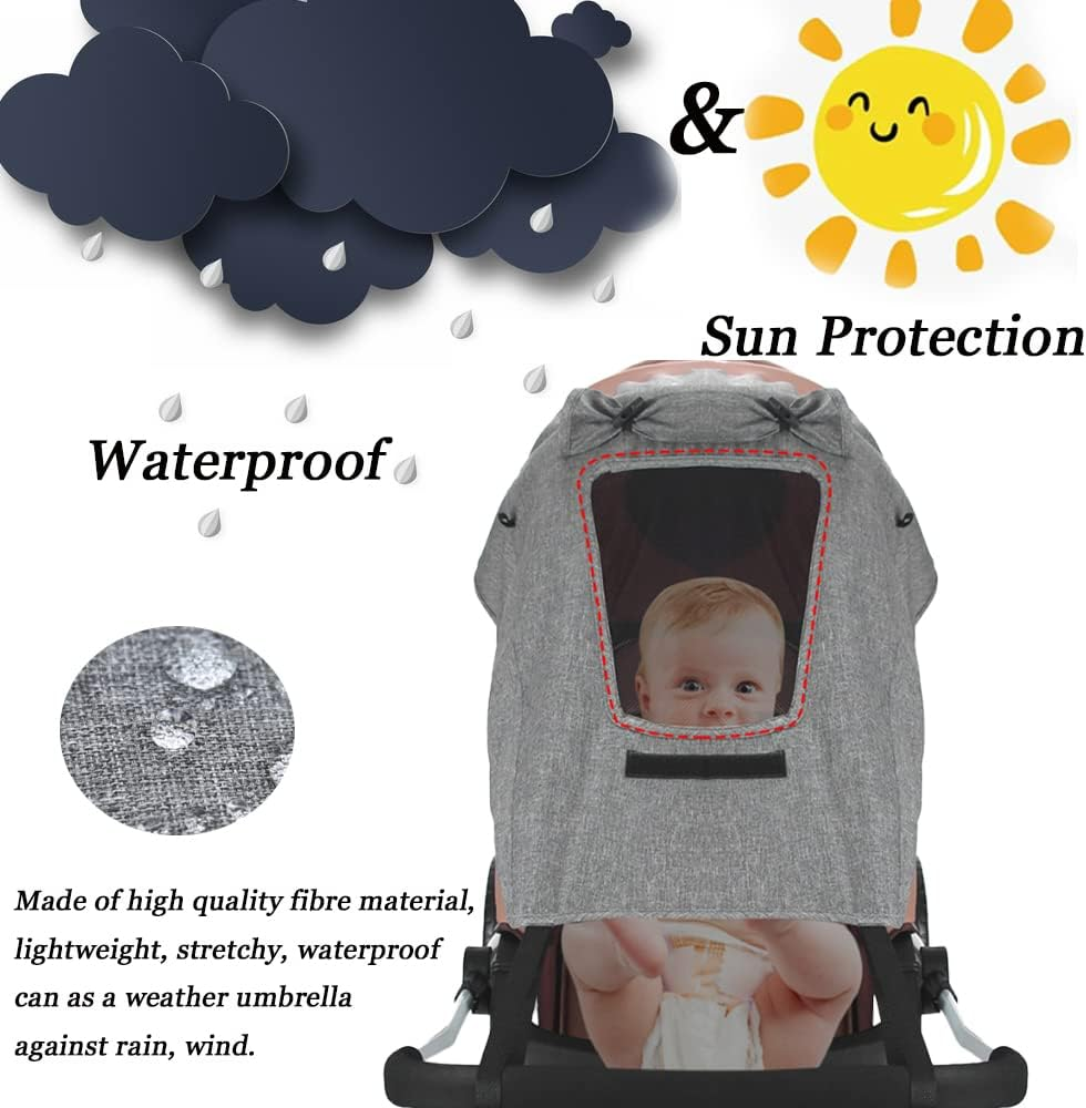 Upf50+Universal Buggy Pram Sunshade Waterproof Baby Strollers Sun Cover with Viewing Window Foldable Adjustable Toddler Pram Window Pushchairs Sun Visor Anti-Uv Umbrella Canopy - Grey image number 5