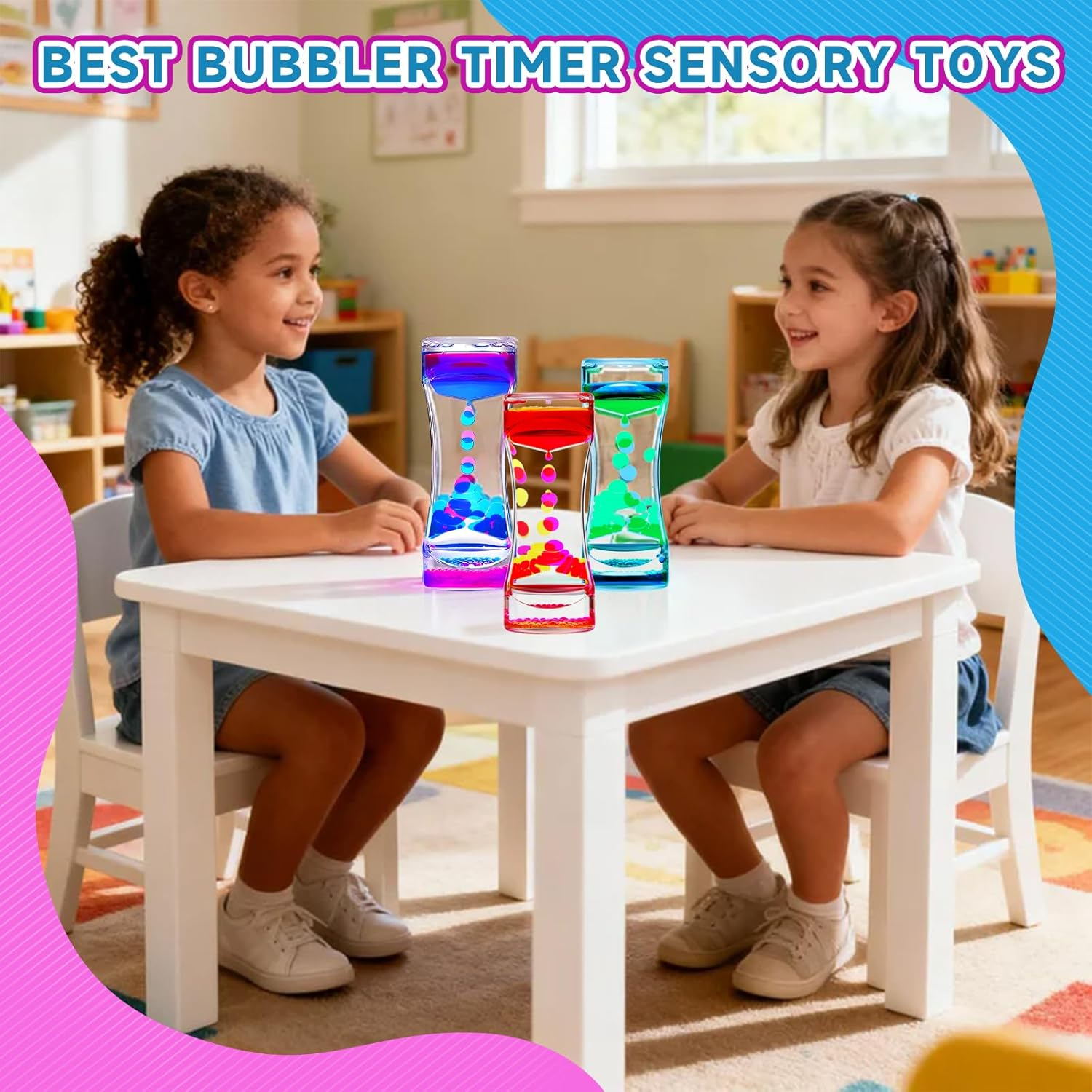 YUE ACTION Liquid Motion Bubbler Timer for Sensory Toys,Children Activity, Calm Relaxing Desk Toys, Anxiety Toys, Autism Toys, ADHD Toys, Assorted Colors, Pack of 3 (Style#3) - Blue/Pink image number 5