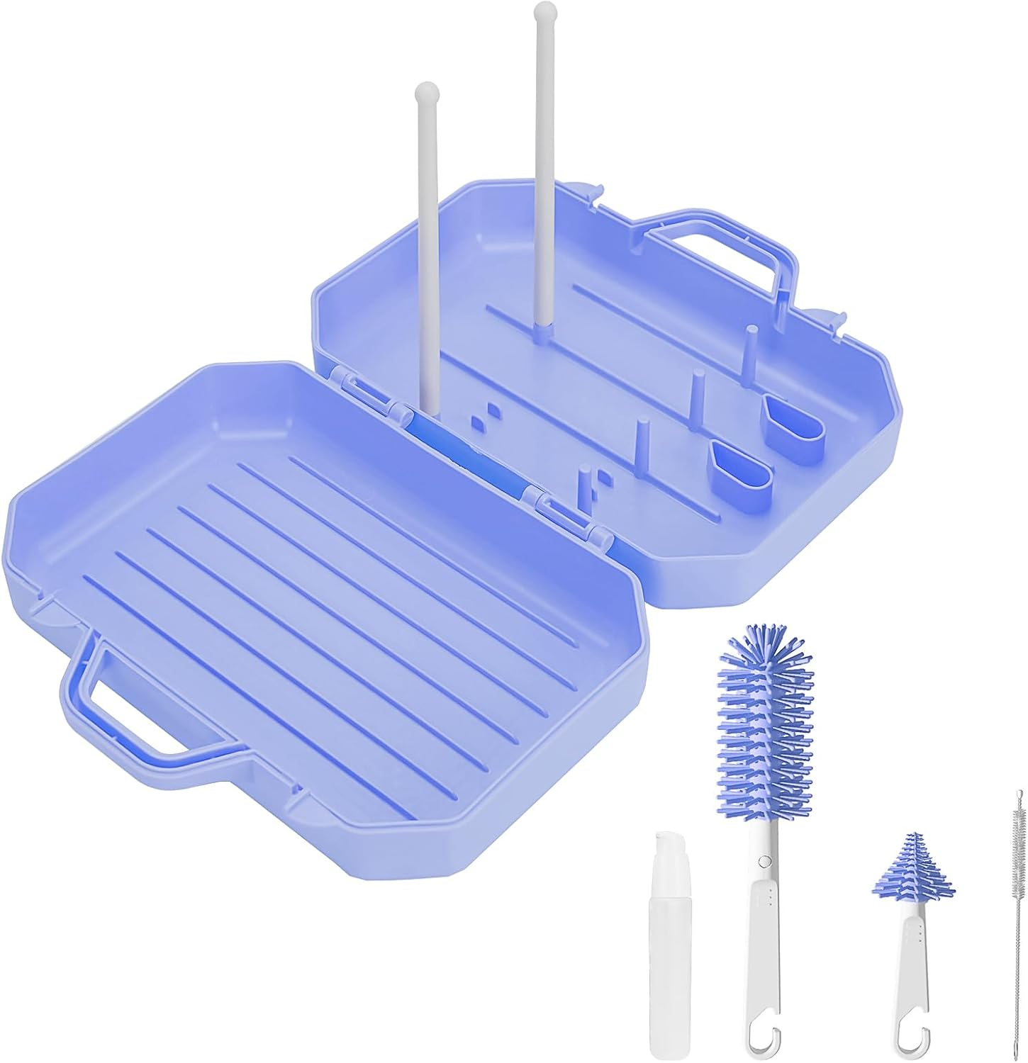 Travel Bottle Brush Set with Stand, Portable Bottle Cleaner Kit with Silicone Bottle Brush, Drying Rack, Nipple Brush, Straw Brush, Soap Dispenser (Blue) image number 3