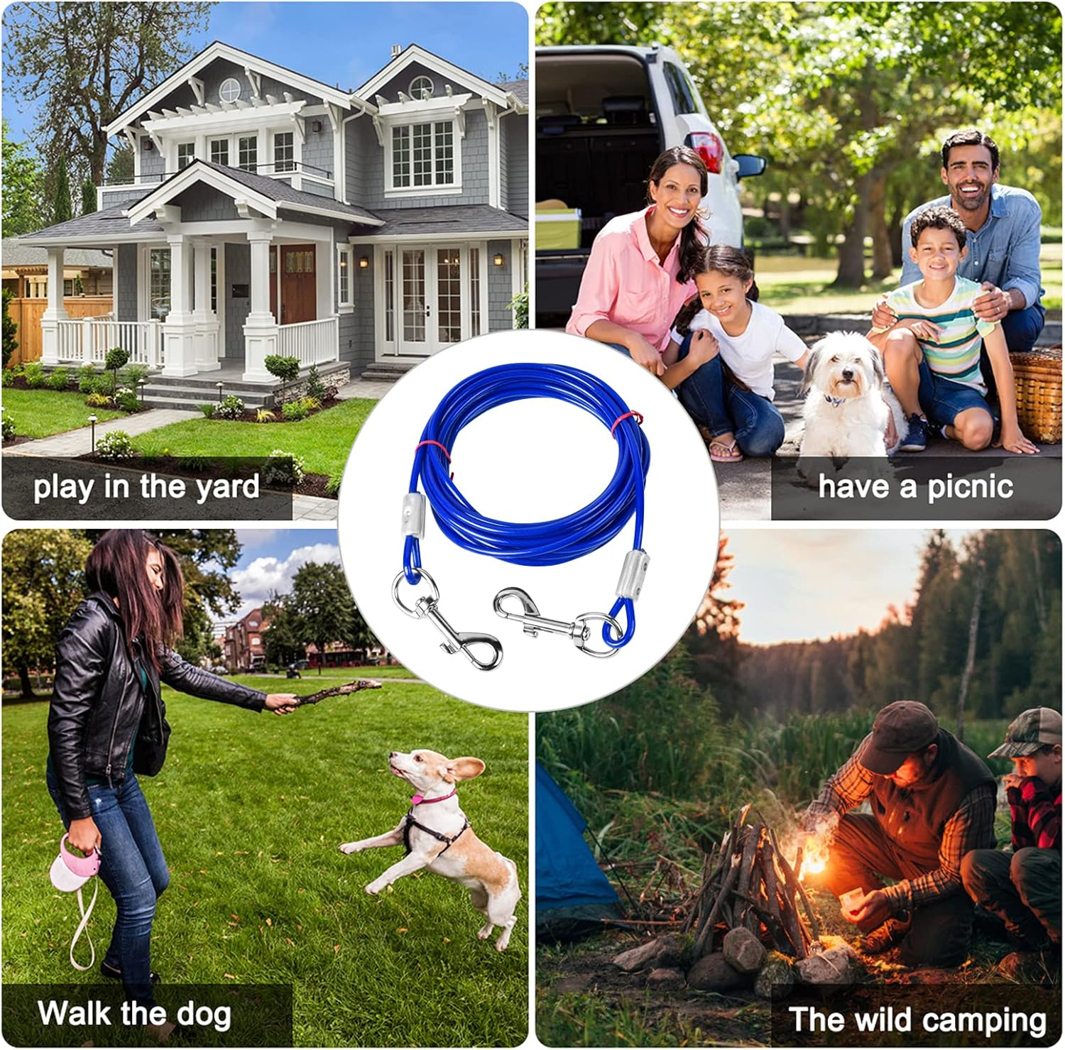 3M Puppy Pet Outdoor Tie Out Lead Leash, Heavy Duty Dog Tie Out Cable,Dog Tie Out Cable with 360&deg; Swivel Lockable Hook and PVC Coating,Galvanized Steel Wire Rope,For Small Medium Pet(Blue) image number 4