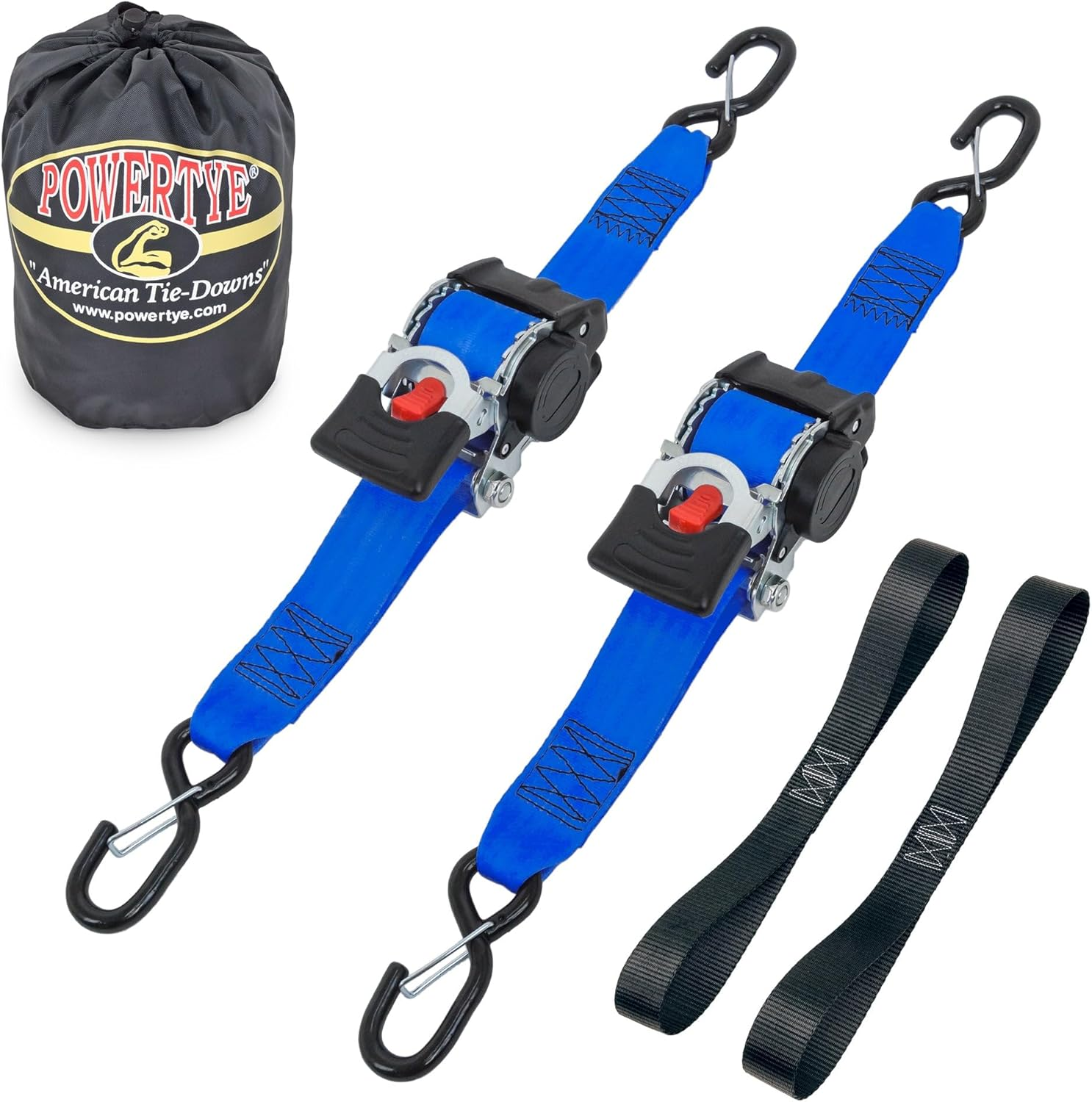 Powertye 2In X 10Ft Retractable Heavy-Duty Ratchet Tie-Downs W/Latch Hooks - Includes Soft-Tyes and Storage Bag - 800 Lb Working Load Limit / 2,400 Lb Breaking Strength - Black (Pair)
