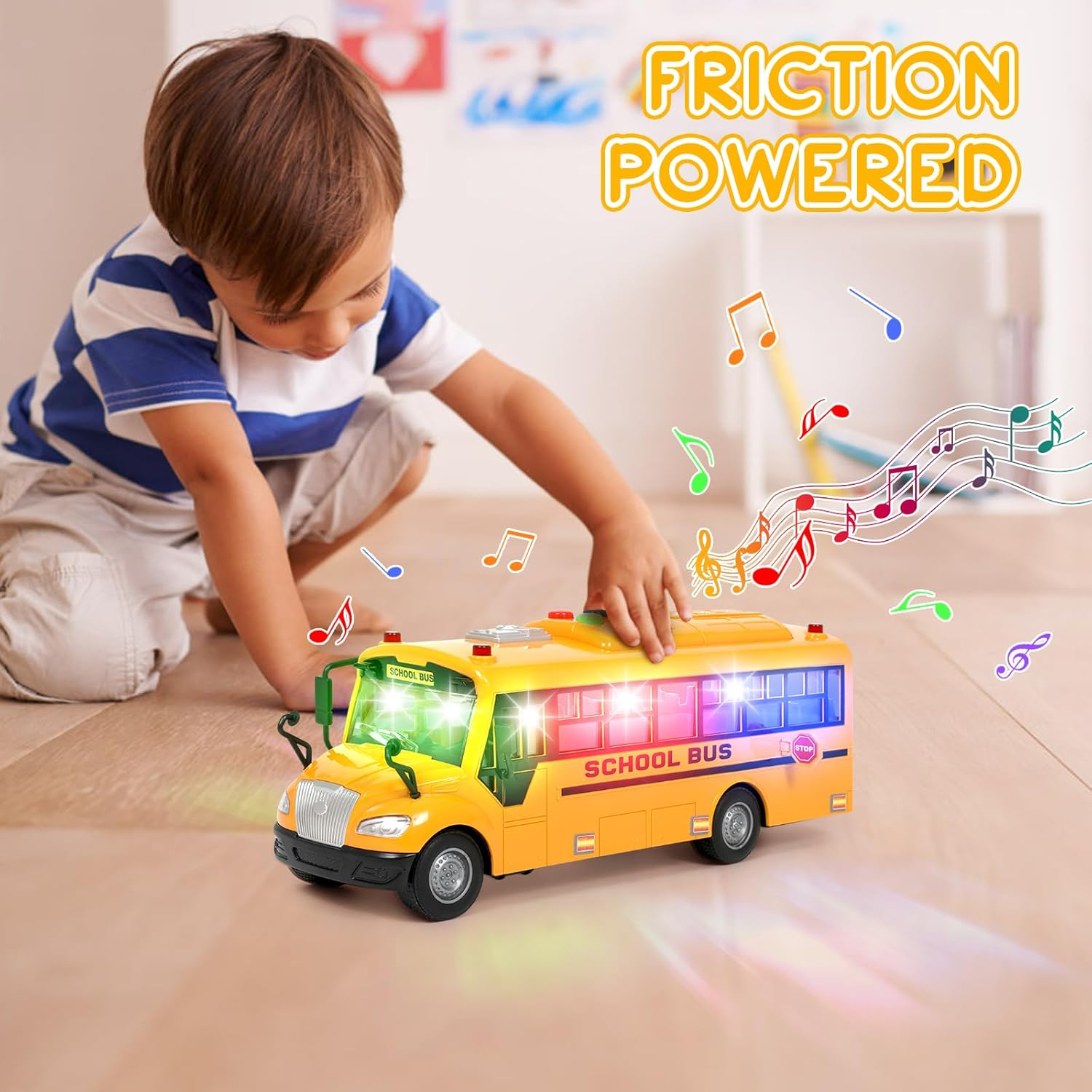 Yellow School Bus Toys for Toddlers with 4 Different Flashing Lights & Sound, Back and Side Doors Open Friction-Powered Wheels Light up Toy Buses Birthday Gift 3 4 Year Old and up Girl Boy Toys image number 2