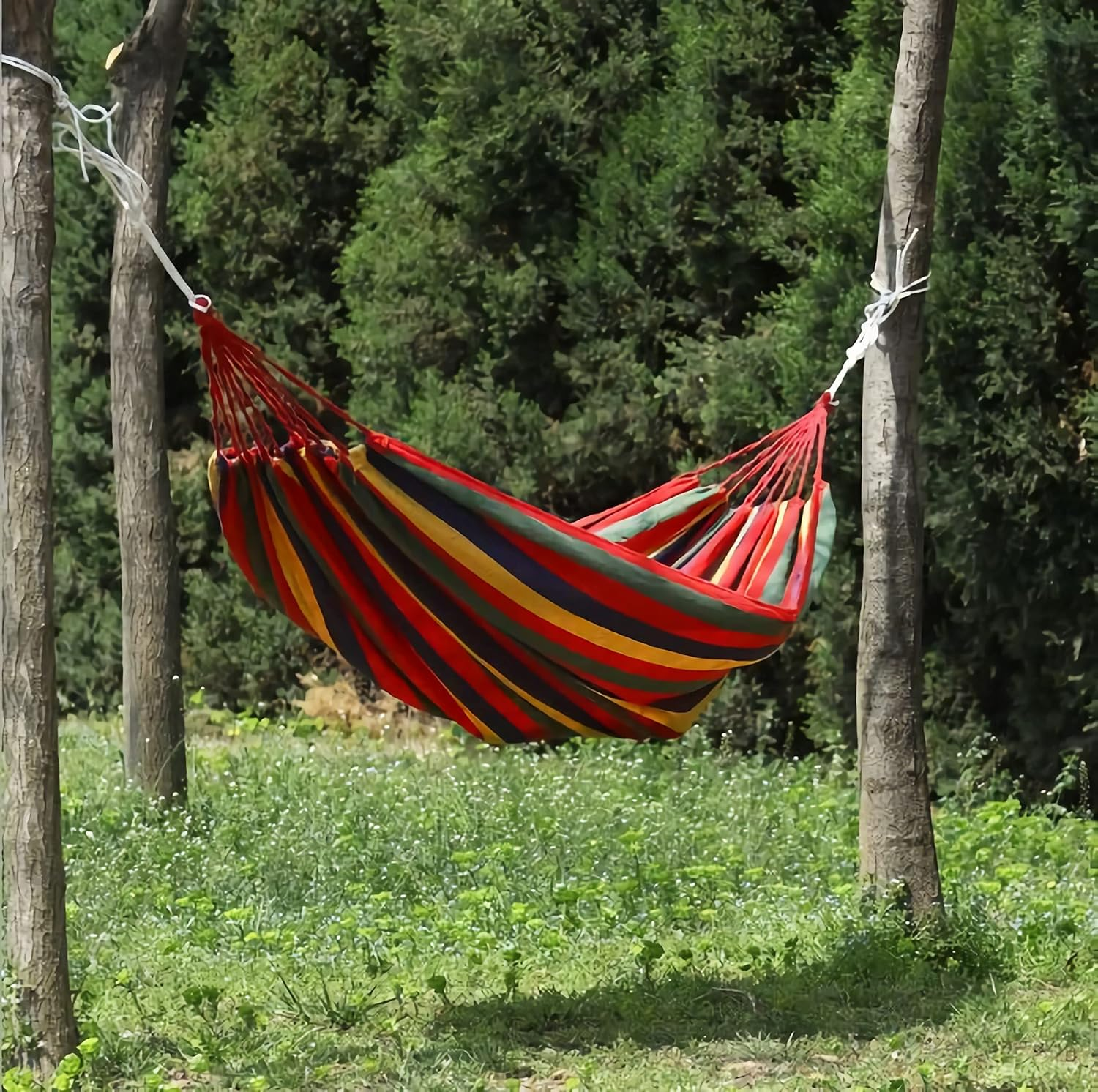 Single/Double Person Rainbow Cotton Fabric Canvas Travel Hammocks 500Lbs Ultralight Camping Hammock Portable Beach Swing Bed with Carrying Bag for Outdoors and Indoors image number 2