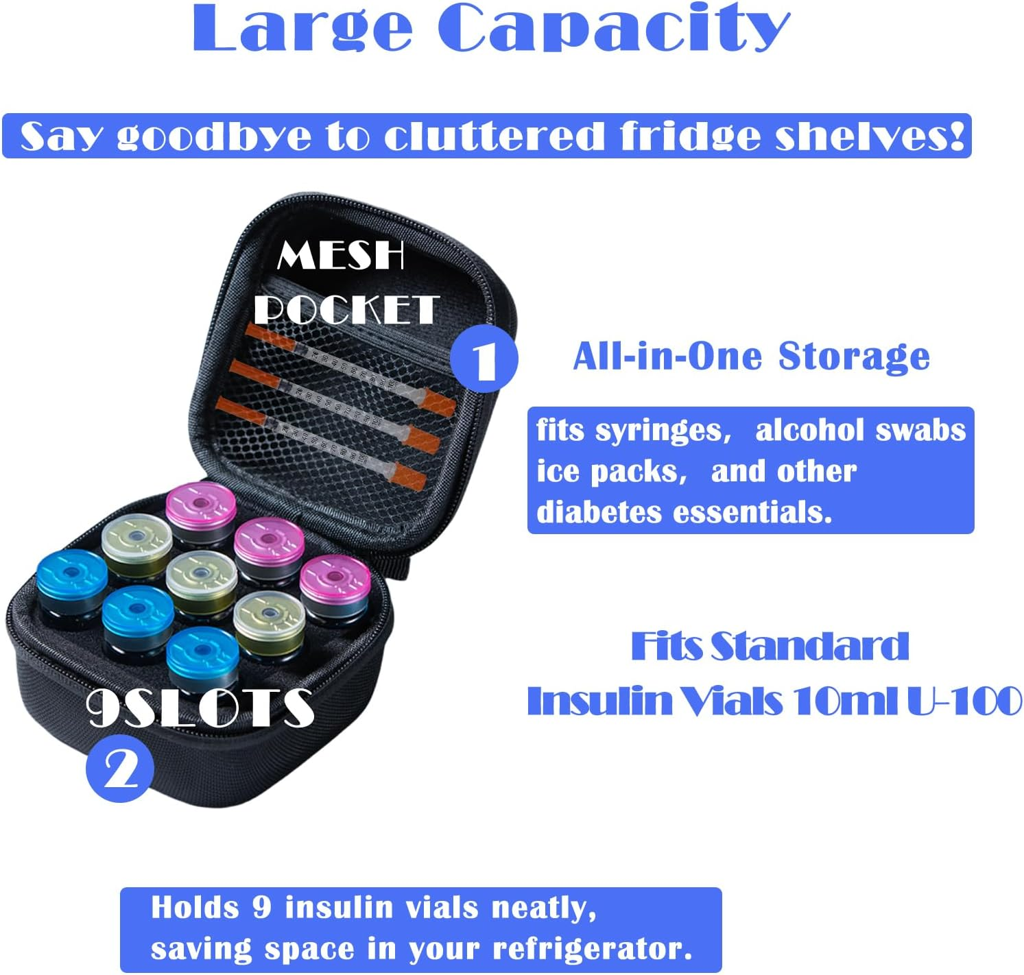 Insulin Fridge Holder Storage Case Insulin Vial Protector Holder Insulin Cooler Travel Case Organizer Fits Standard 10Ml U-100 Vials,9-Slot,Black (9 Slots) image number 2