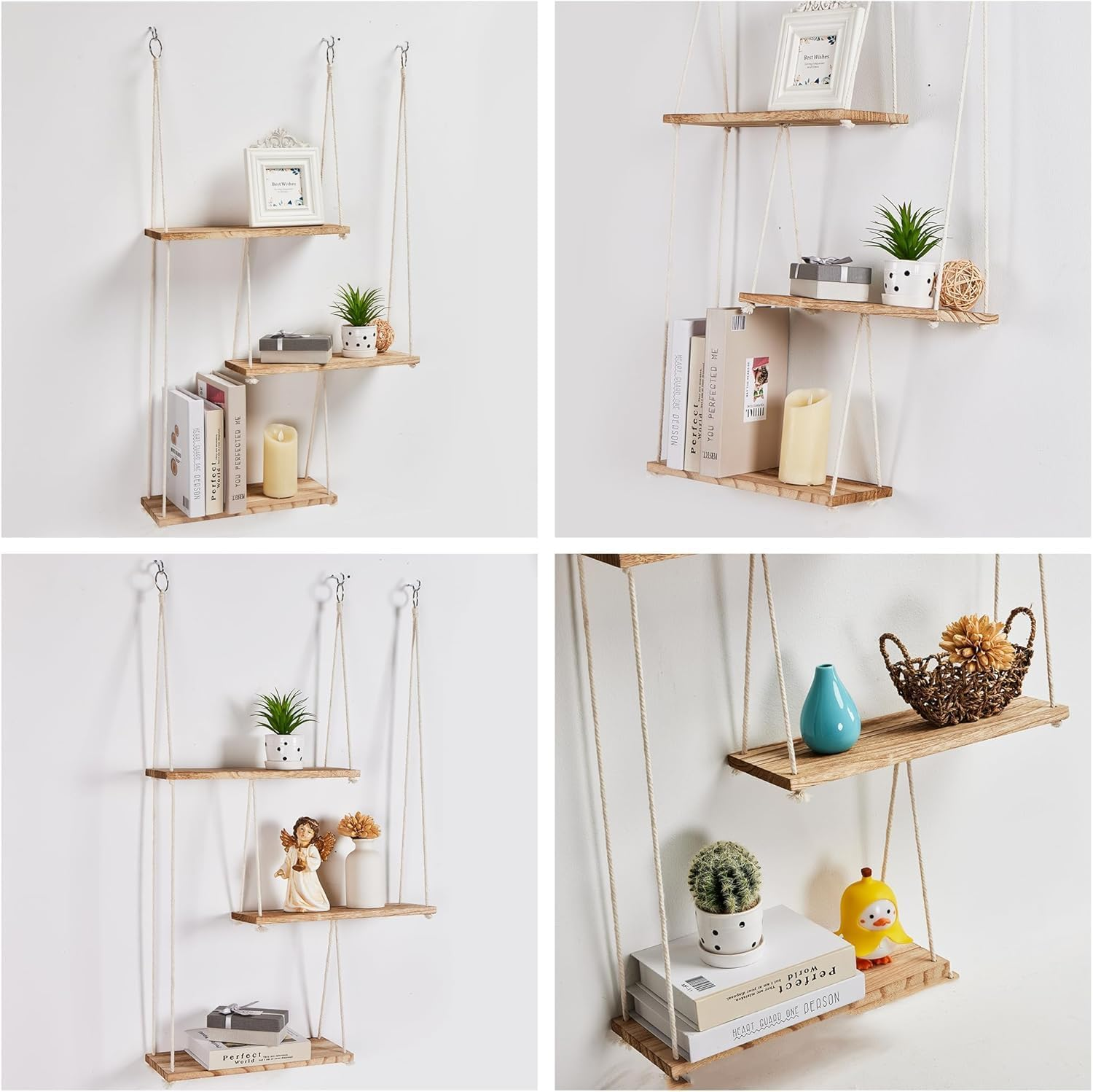 3 Tier Hanging Shelves for Wall,Wall-Mounted Shelf Boho Room Decor Handmade Cotton Rope,Hang Shelf to Walls Shelves for Plant Shelf Indoor Ledge Hang,Floating Racks to Walls image number 2