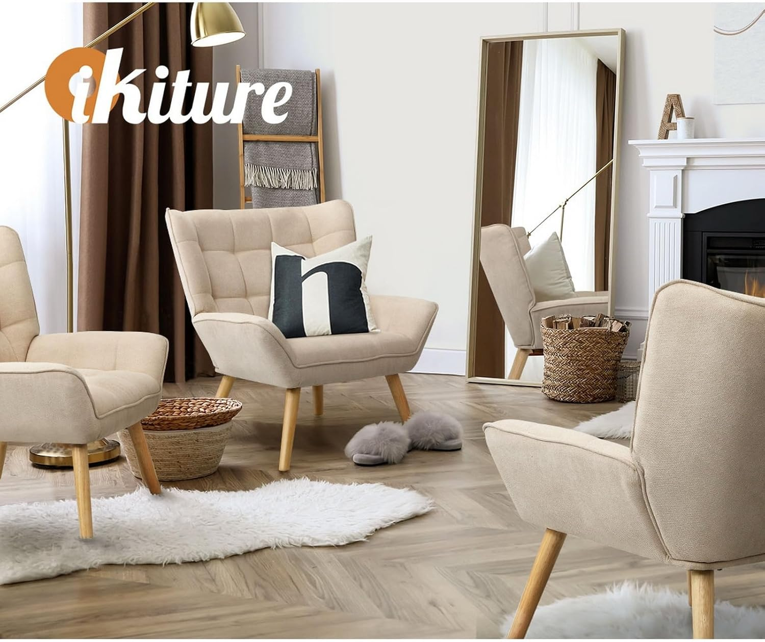 Oikiture Armchair with Fabric Metail Home Lounge Accent Chair Beige image number 5