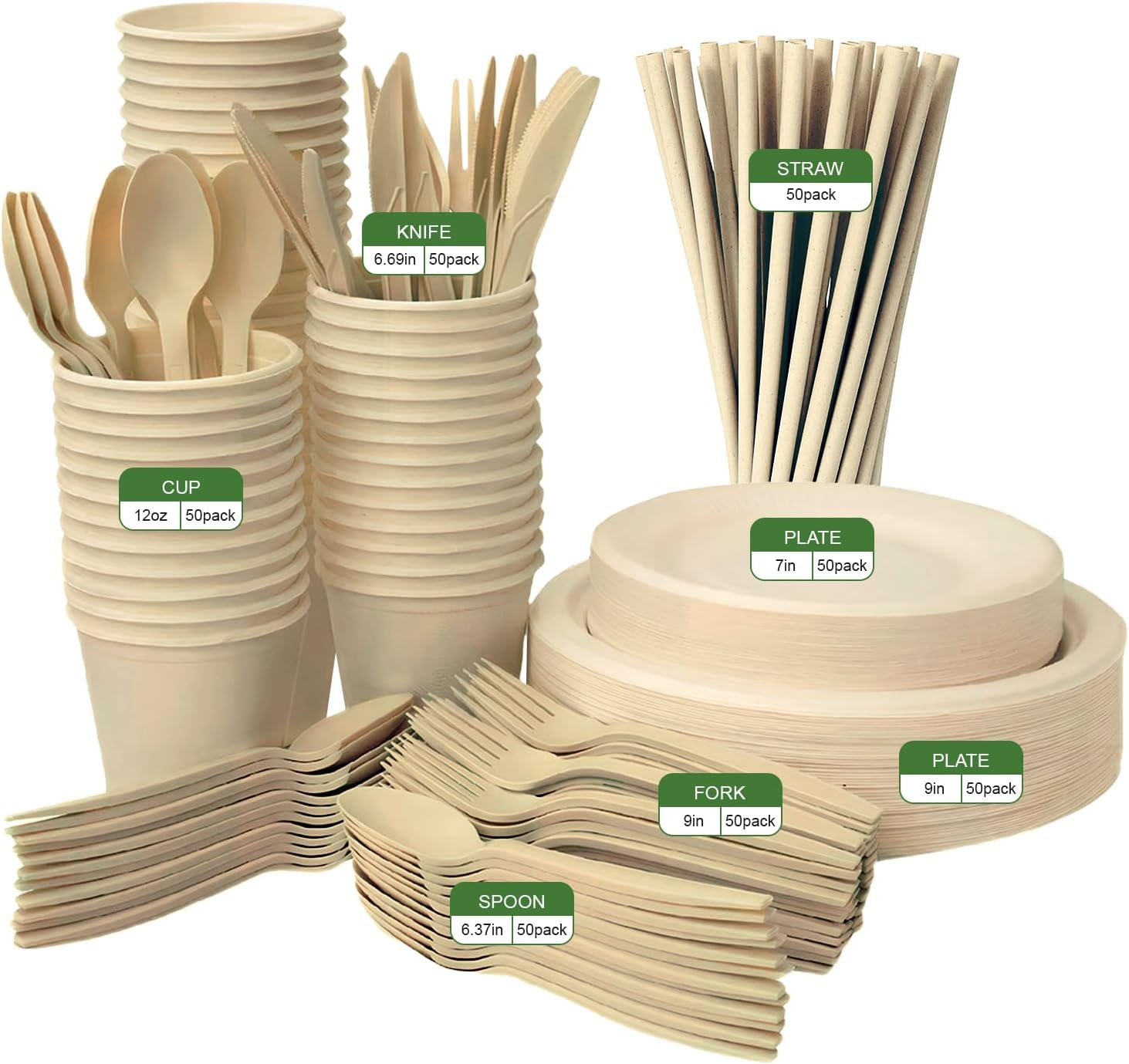 Yazoni Compostable Plates and Utensils - 350PCS Eco Friendly Bagasse Plate, 7 & 9 in Paper Plates and Bowls, 12Oz Cup, Reusable Compostable Cutlery Set, Biodegradable Plate for Camping, Party, Dinner image number 1