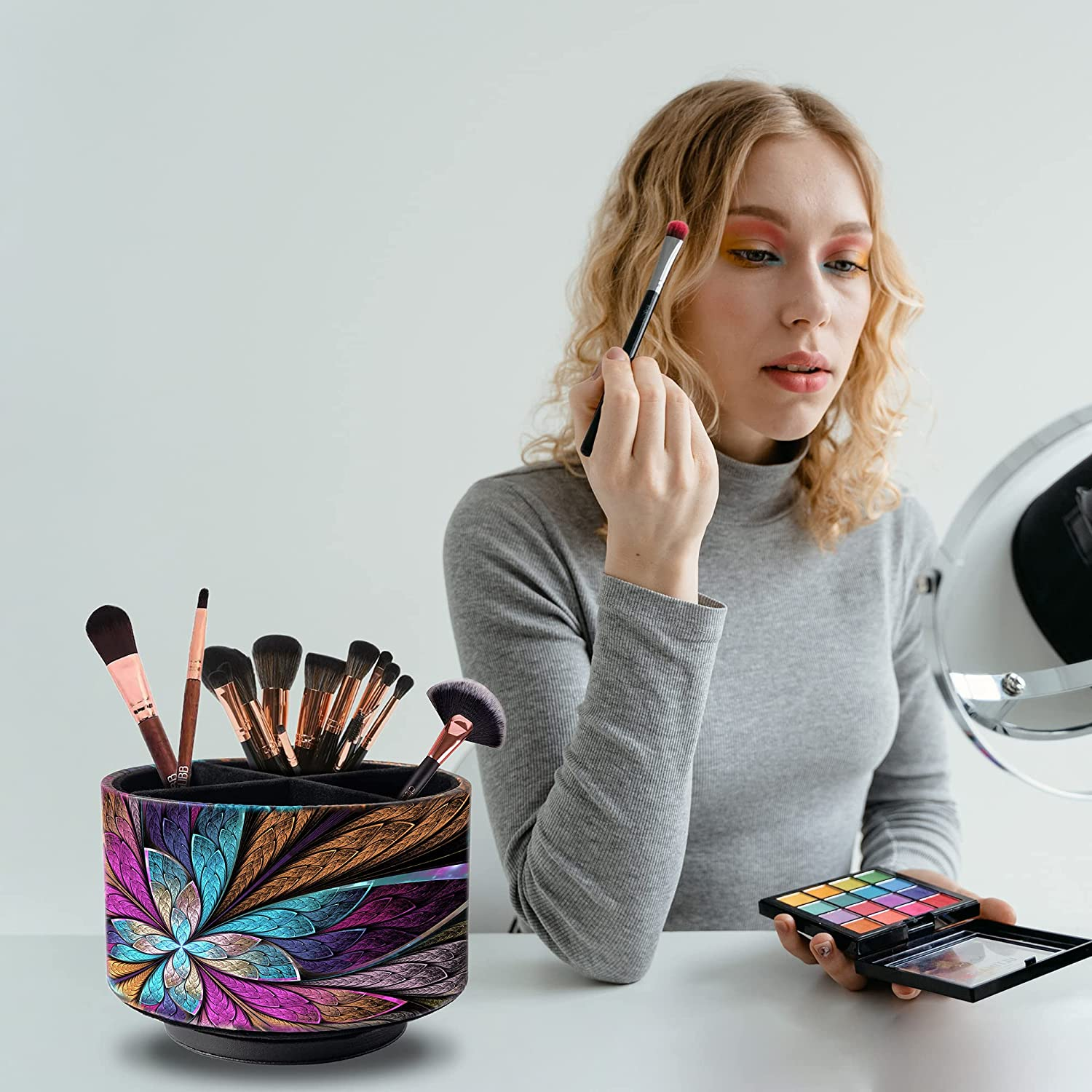 HOMIEST round Leather Art Supply Organizer,Remote Control Holder,360 Degree Spinning,Multi-Functional Pencil Holder,4 Compartments Desktop Stationary Organizer image number 5