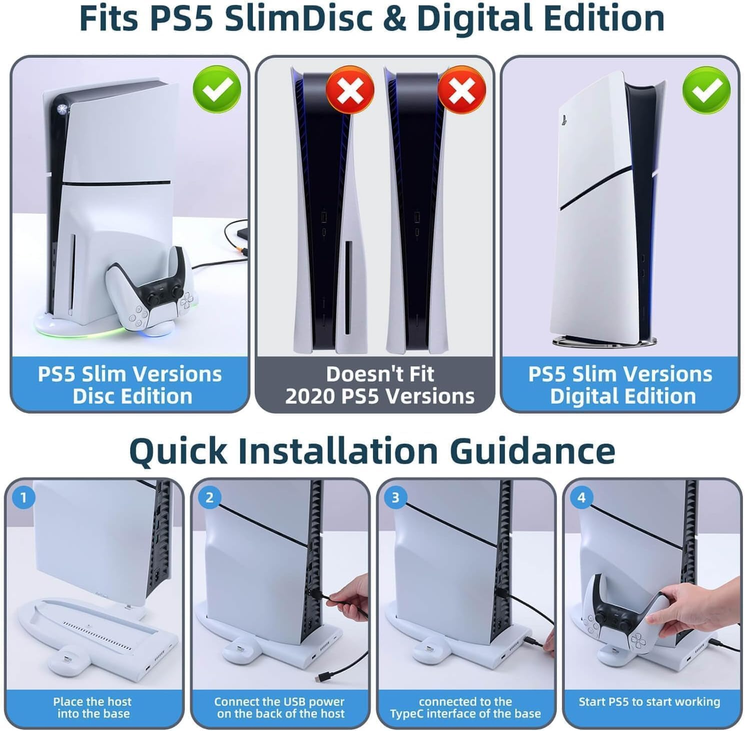 Cooling Fan Stand Compatible with PS5 Slim Console Digital/Disc - Controller Charger with 9 RGB Lights