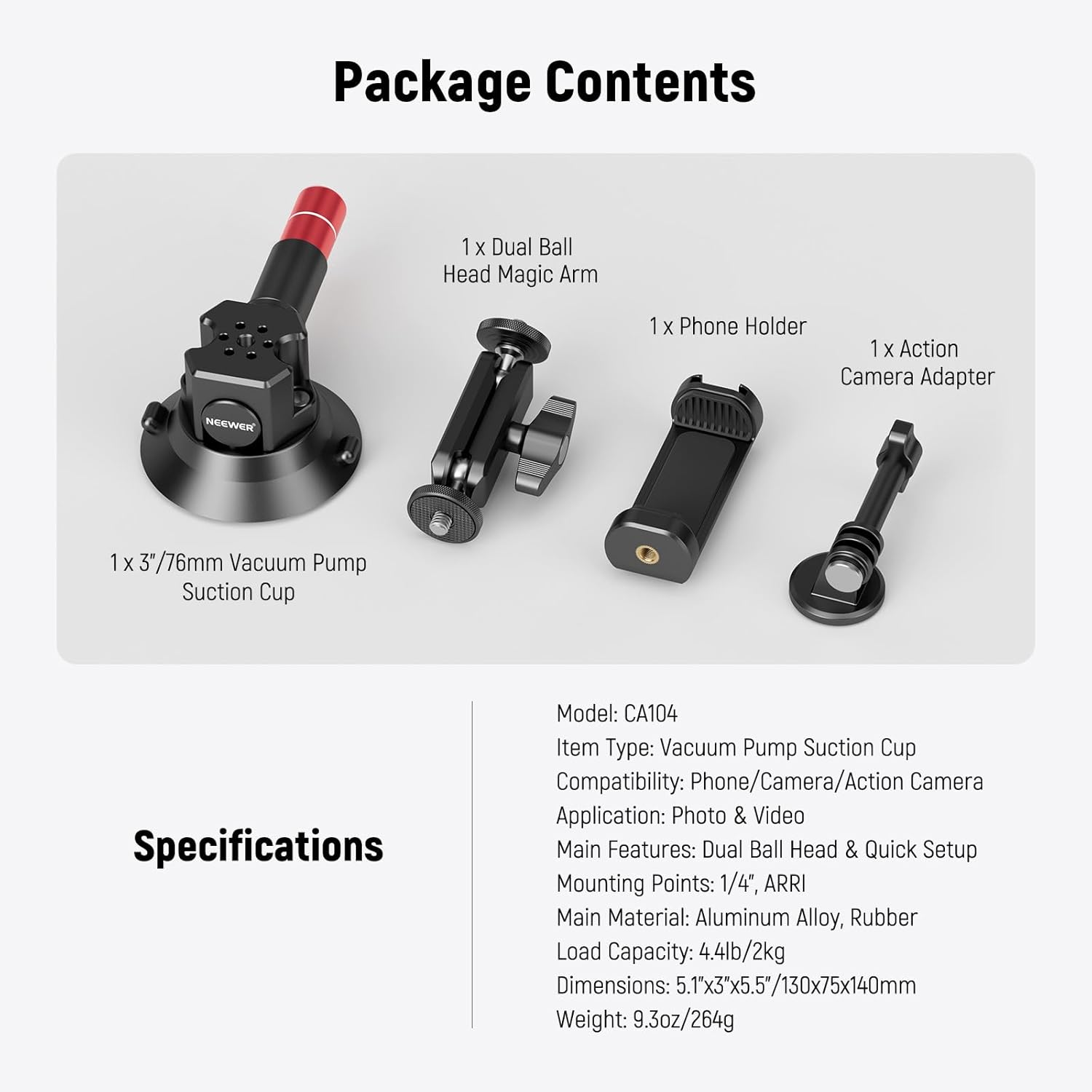 NEEWER 3" Suction Cup Camera Mount Bracket with Ball Head Magic Arm, 1/4" ARRI Holes, Quick Release Car Mount with Phone Holder & Action Cam Adapter Compatible with Iphone Gopro DJI Insta360, CA104 image number 5
