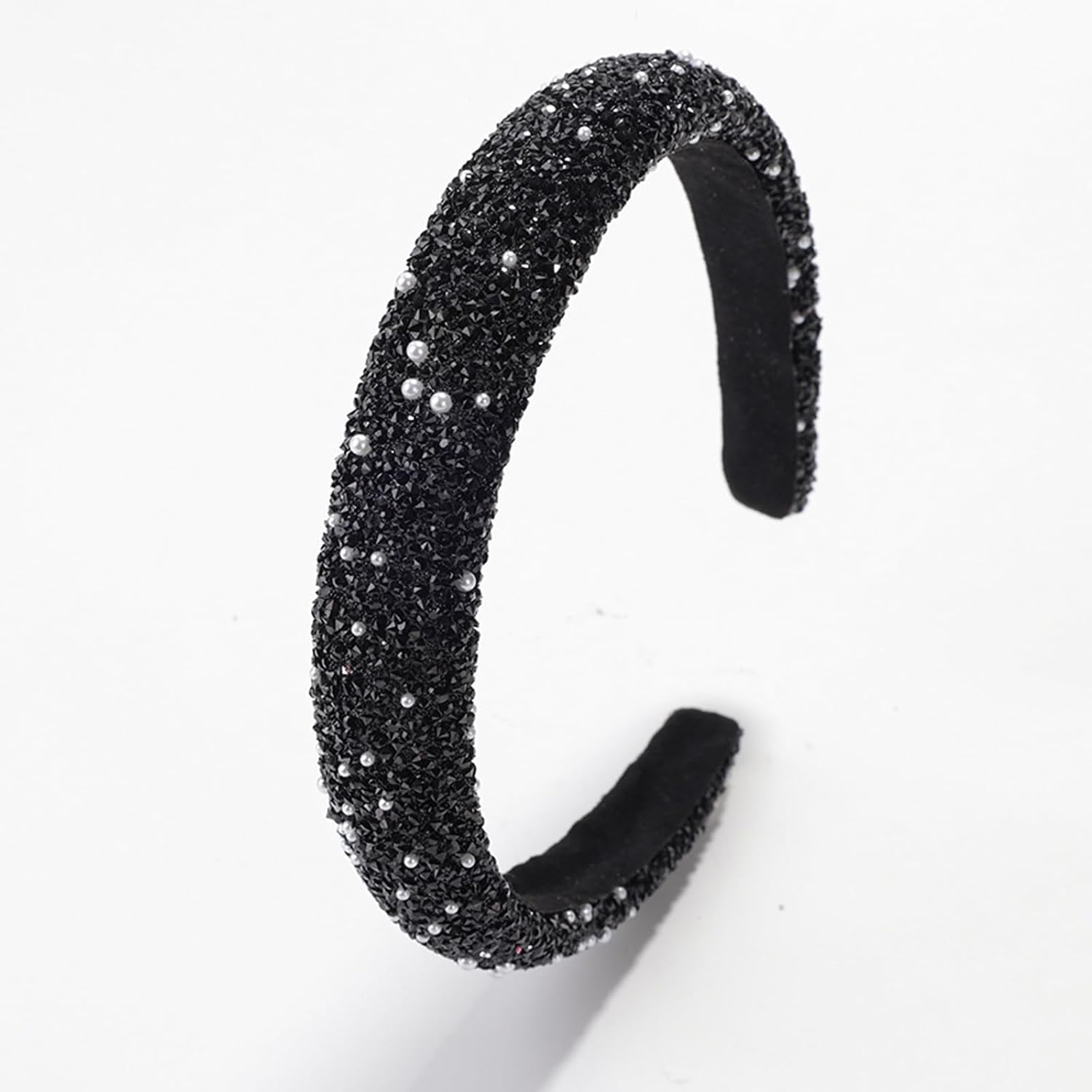 AWOCAN Rhinestone Headbands for Women Diamond Bling Rhinestone Wide Hairband Sparkle Beaded Crystal Headband Thick Padded Headband for Party Non Slip Glitter Hair Hoop (Black, L) - Black image number 2
