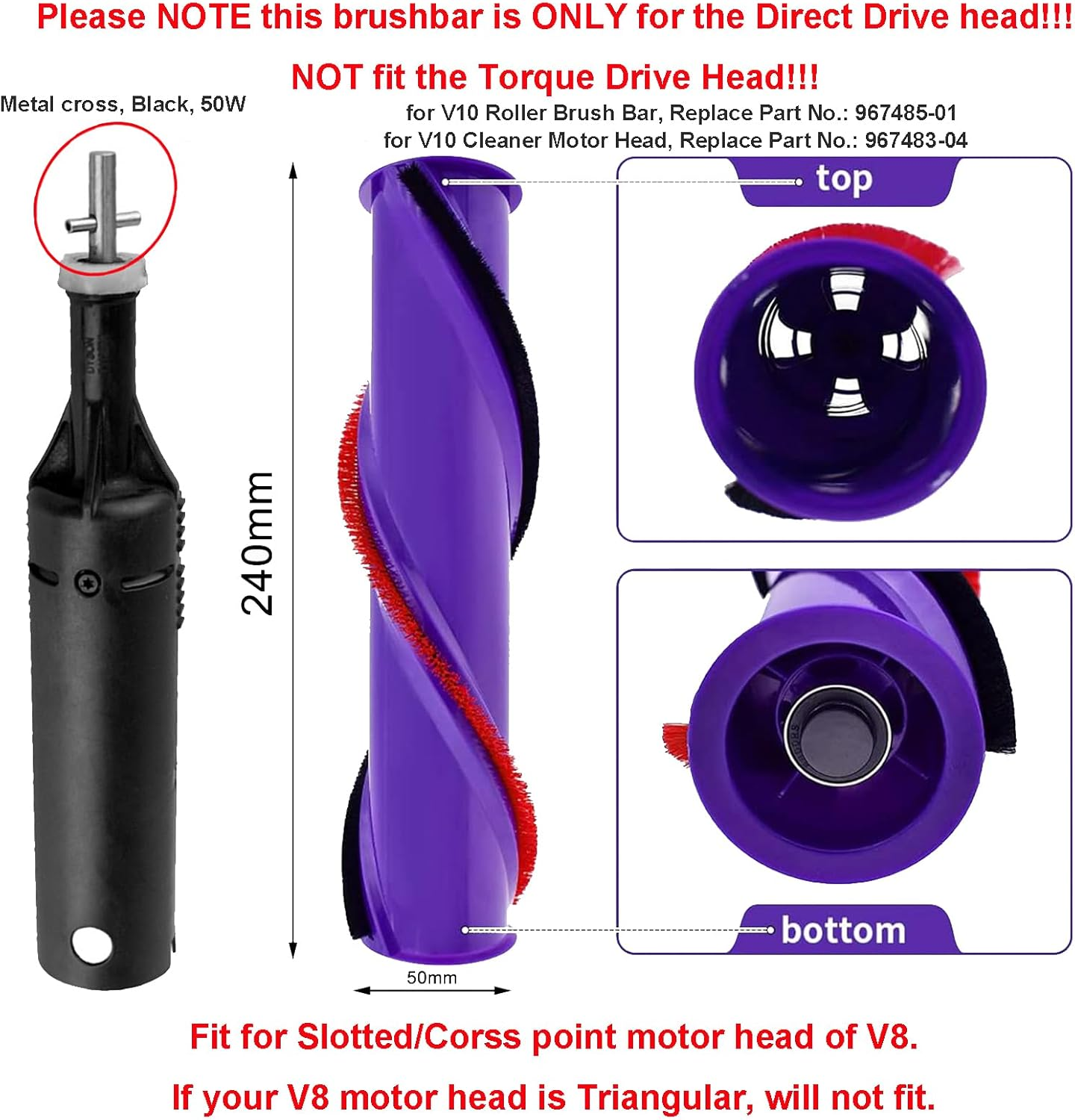 HUAYUWA Replacement Brushroll Carpet Brush Cleaning Roller Sweeper Bar (4 Holes Interior, D=50Mm) Fits for Dyson V10 Motor Head Vacuum Cleaner Rolling Brush Bar Spare Parts