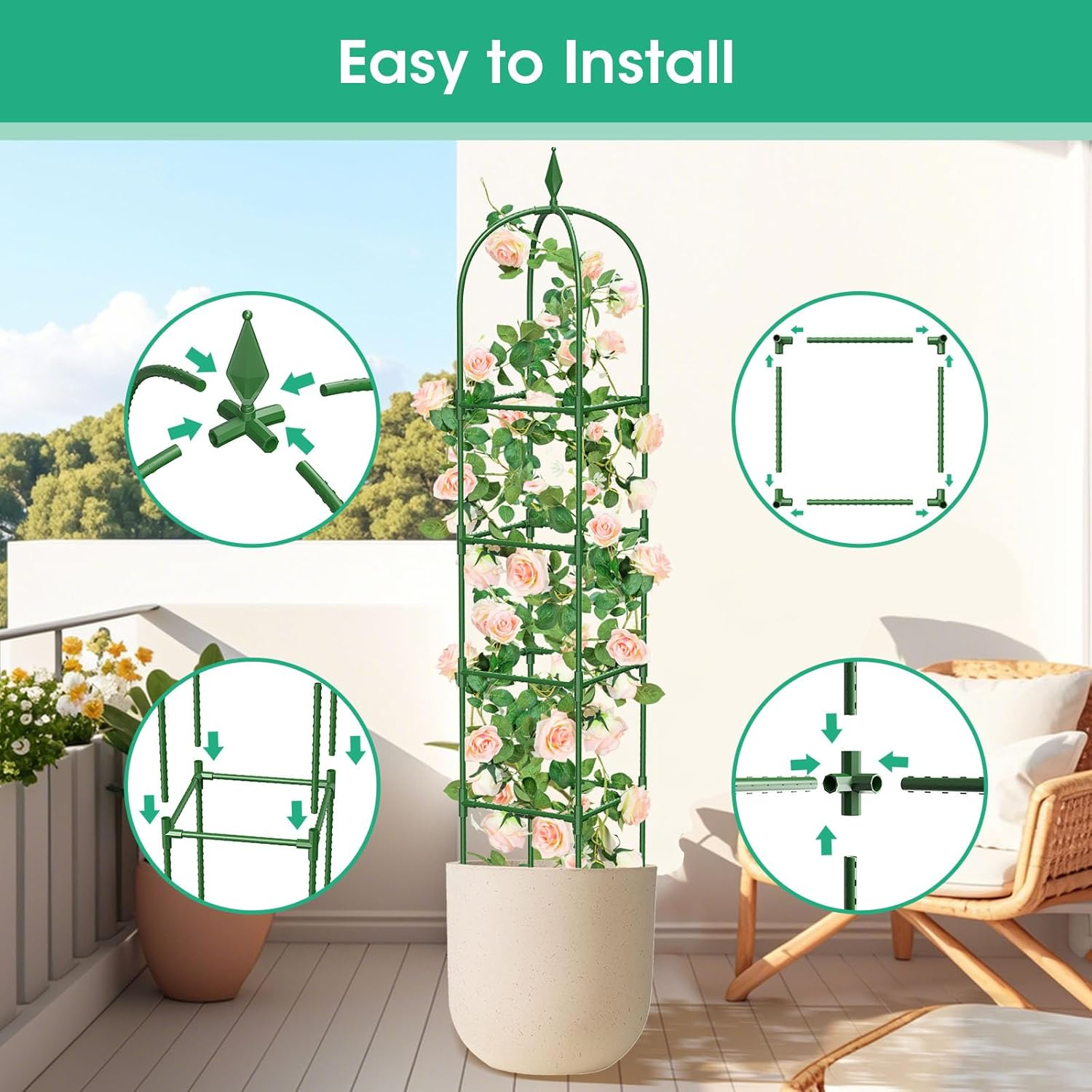 2 Pack Garden Obelisk Trellis for Climbing Plants, 70.87" Metal Rustproof Plant Support Rose Trellis, Tower Potted Cages for Flowers Fruits Vegetable Vines Indoor & Outdoor, Green(4 Tiers) image number 6
