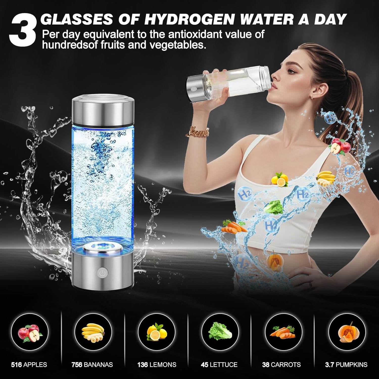 Hydrogen Water Bottle, Hydrogen-Rich Water Generator Bottles -Upgraded SPE/PEM Technology, Portable Rechargeable Hydrogenated Water Glass Bottle (Suitable for Purified & Distilled Water) image number 2