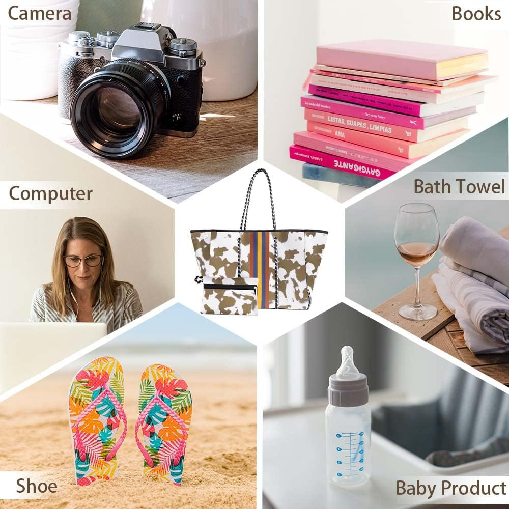 Tote Bag for Women, Multipurpose Neoprene Tote Bag, Beach Bags Waterproof Sandproof, Large Tote Bag with Portable Wallet for Beach, Swimming, Gym Bag, Travel Bag (Khaki), Khaki, One Size image number 1