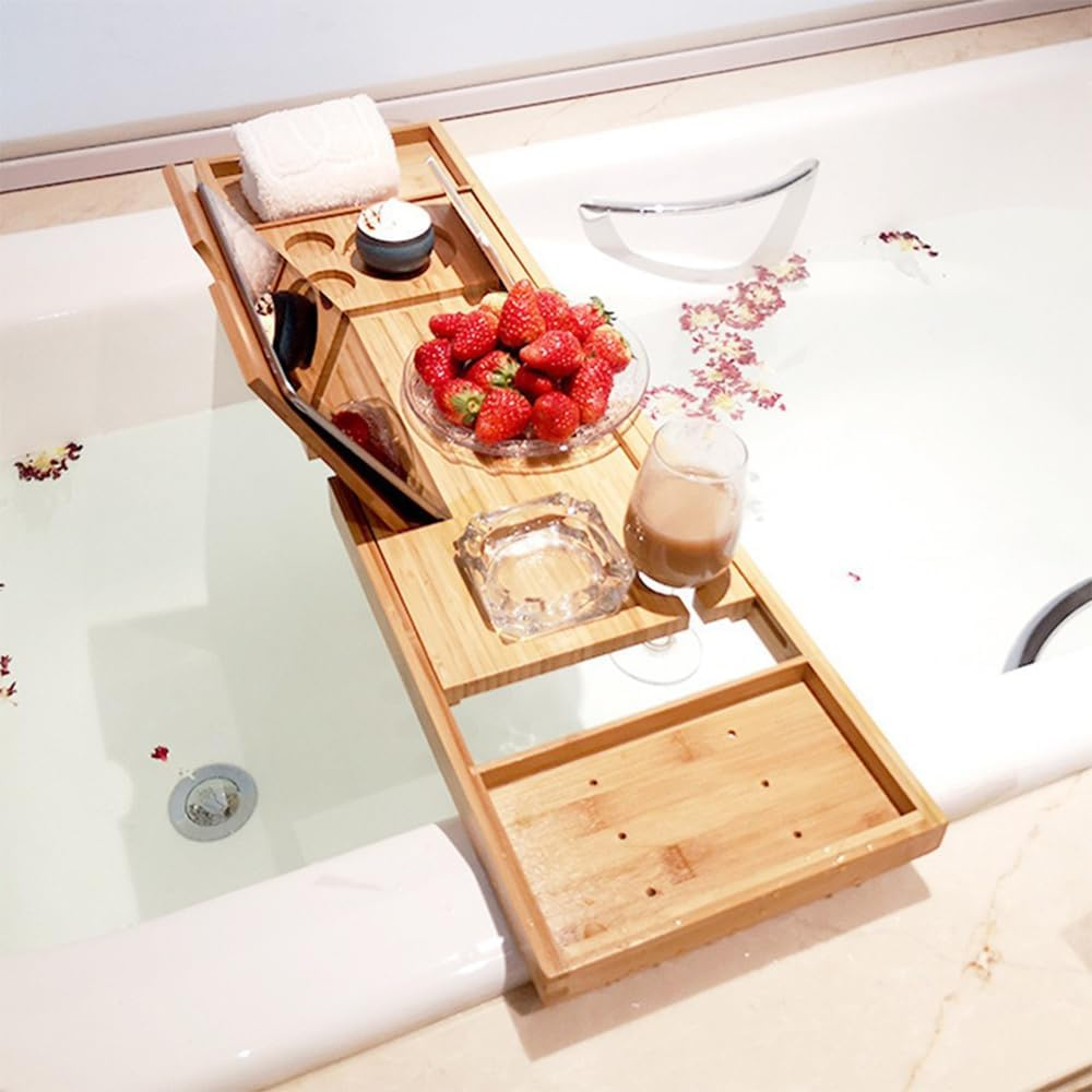 Bath Caddy Tray for Bathtub, Expandable Baths Tray, Bathtubs Caddy Tray, Adjustable Bamboo Bathtubs Tray for Books, Tablets, Wine Glasses, and Candles, Perfect for Relaxing Baths image number 5