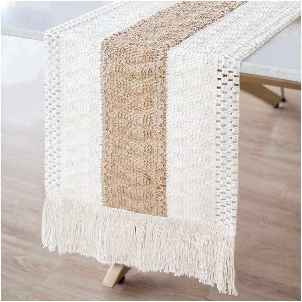 KEPTFIT Macrame Fabric Table Runner, Boho Cotton Table Runner with Tassels for Wedding Bridal Shower Shower Rustic Dining Table Decoration 12 X 72 Inch (B) image number 5