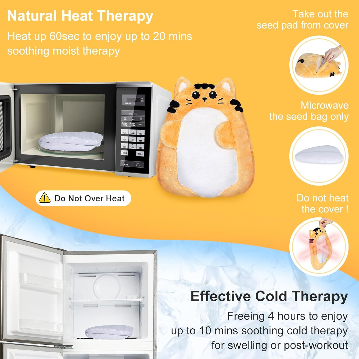 Suzzipad Microwave Heating Pads for Body Discomfort, Microwavable Stuffed Animal for Anxiety, Stress Relief Gifts for Women, Moist Heat Pack with Washable Cover, Cat (Yellow) image number 3