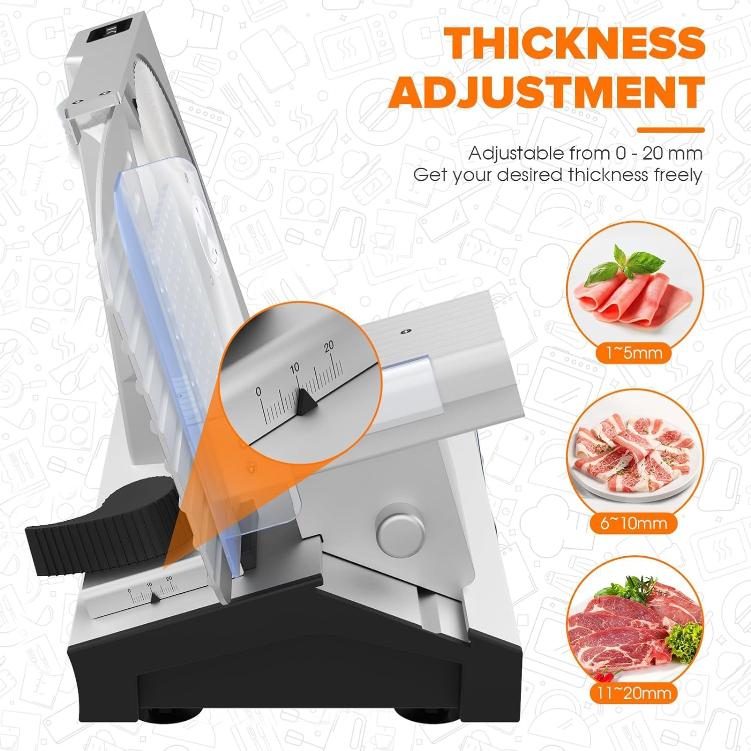 ADVWIN Meat Slicer, Electric Food Slicer with 8.6" Removable Stainless Steel Blade & Food Carriage, 0-20Mm Adjustable Thickness Upgraded Meat Slicer, Cheese Fruit Vegetable Bread Food Slicer image number 3