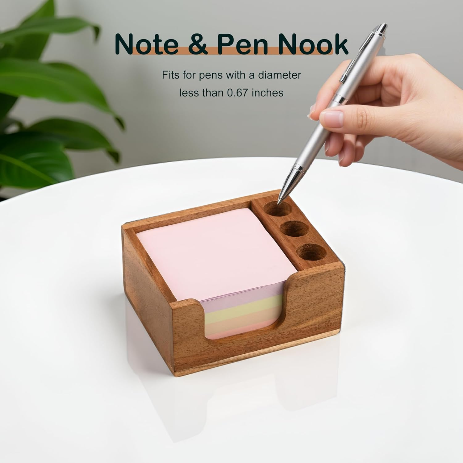 Acacia Wood Sticky Note Holder with 3 Pen Holders, 3X3 Post It Note Dispenser with Anti-Slip Pads, All-In-One Wooden Desk Organizer for Office Home School (4.0&ldquo;X3.5"X2") image number 2