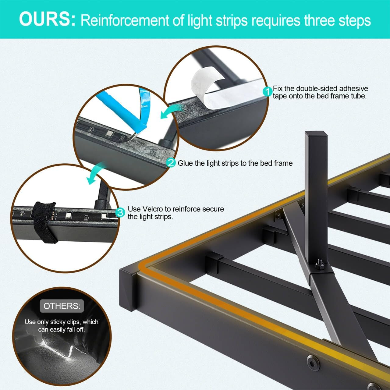 Double Floating Bed Frame with LED Lights and Storage Headboard &Charging Station, Metal Platform Bed Frame with Heavy Duty Steel Slats Black,No Box Spring Needed image number 6