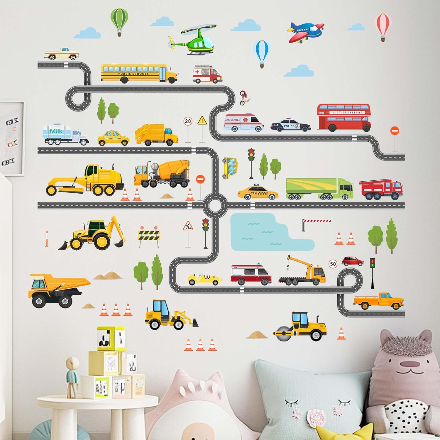 Large Construction Vehicles Car Wall Stickers - Trucks Excavator Tractor Wall Decals - Kids Boys Bedroom Playroom Daycare Wall Decor image number 3
