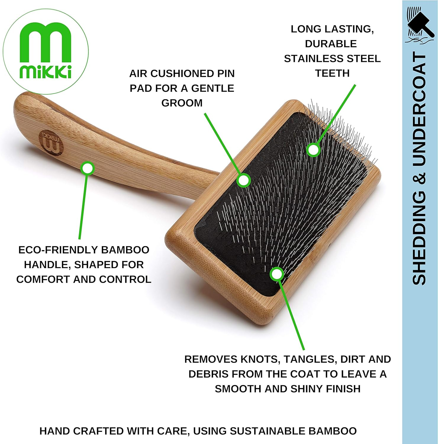 Mikki Bamboo Soft Pin Slicker Brush for Dog, Cat, Puppy, for Medium, Long and Curly Coats, Removes Knots, Tangles, Dead Hair, Handmade from Natural Bamboo, Medium