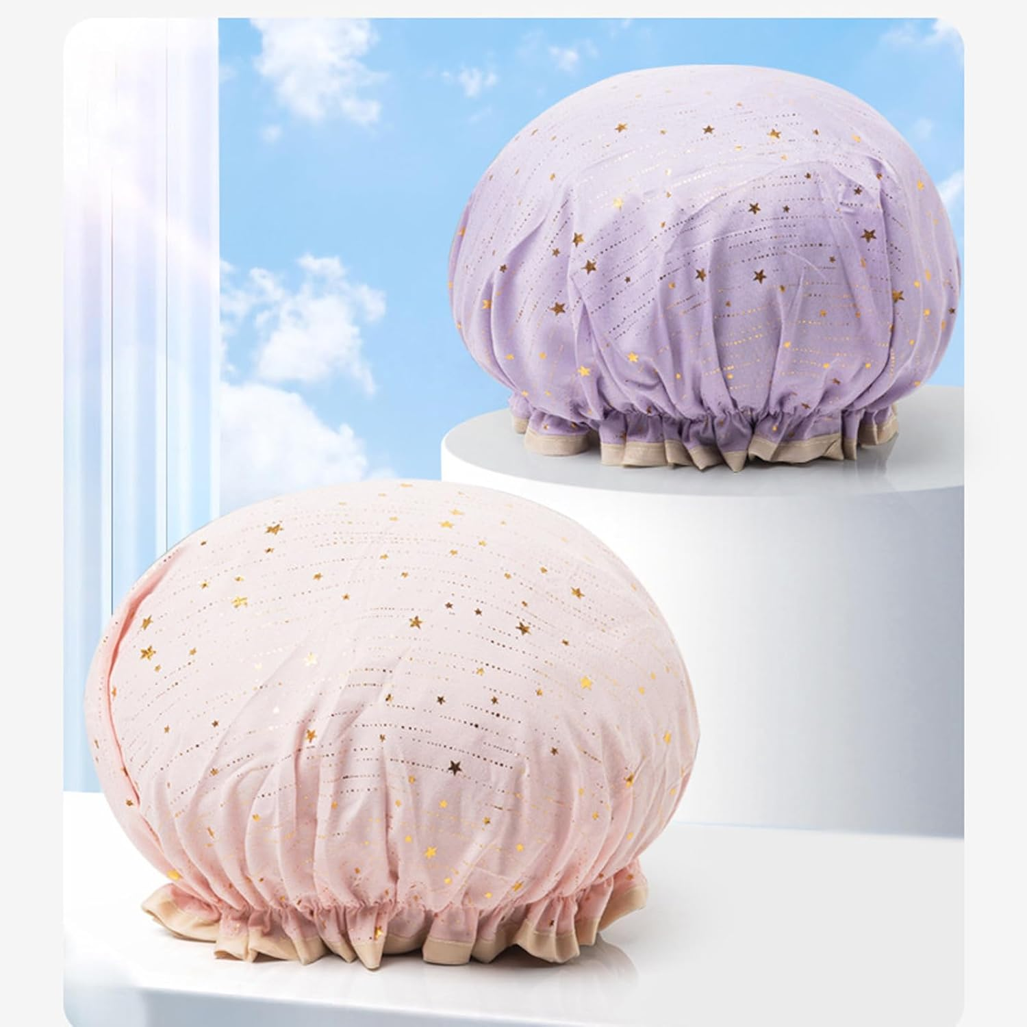 Shower Cap for Women,Elastic Double Layer Shower Caps,Reusable and Waterproof Bath Cap,Bath Hat for Women Long, Short and Curly Hairs image number 2