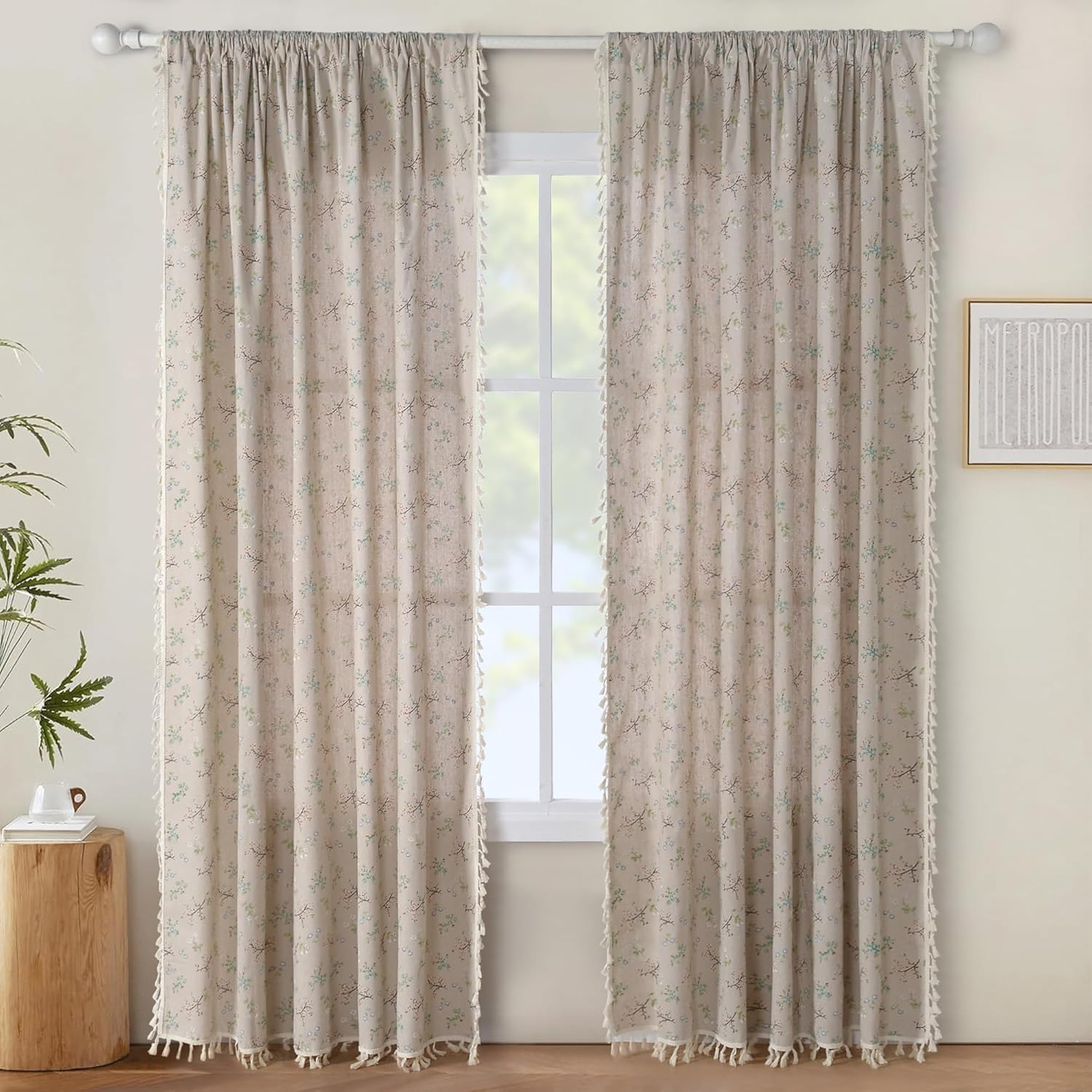 2 Panels Boho Windows Sheer Curtains Crochet Vintage Cotton Tassel Window Curtains Panels for Bedroom Living Room (Crochet Beige, 59X63)