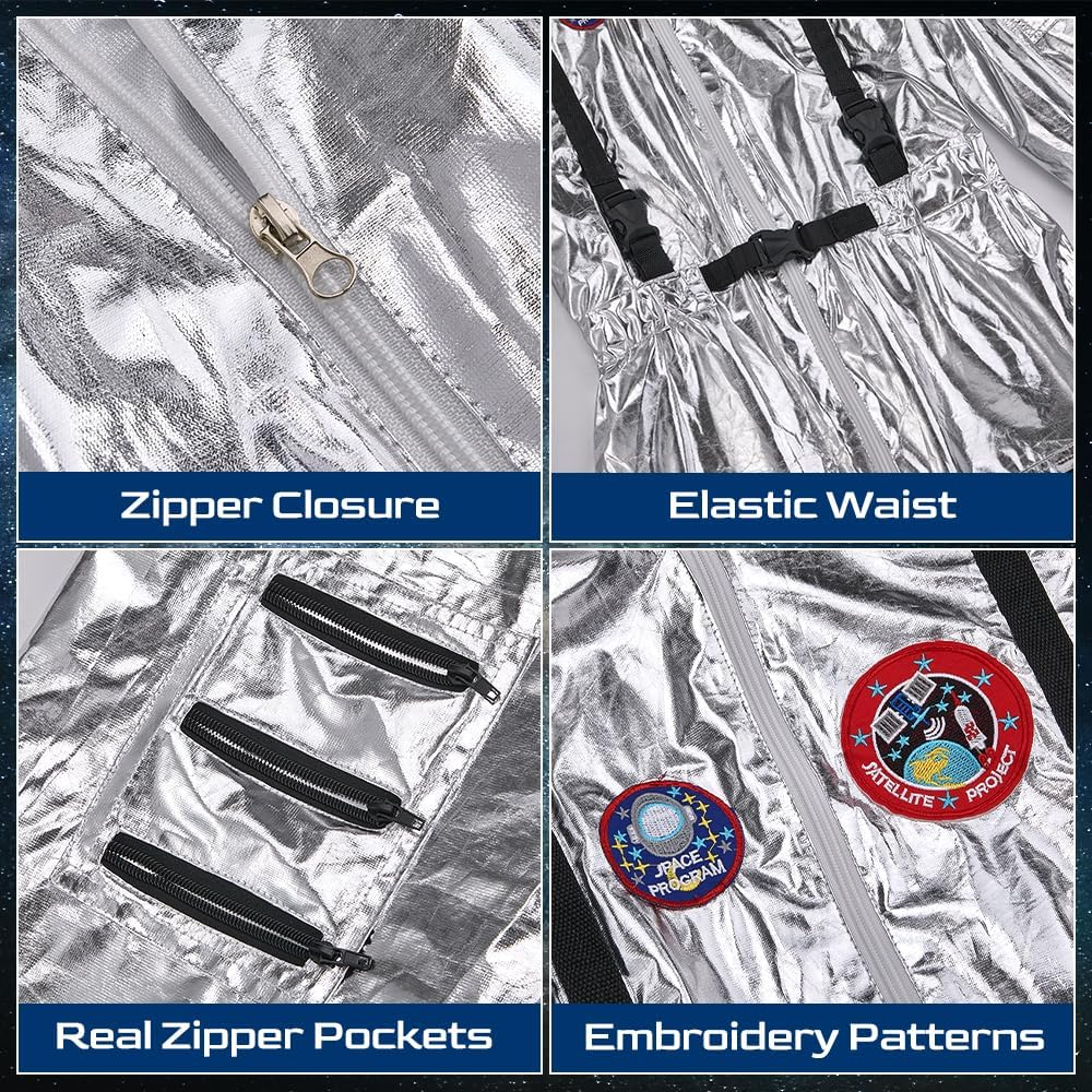 AUTOWT Astronaut Costume Jumpsuit Men'S Women&rsquo;S, Adult Shiny Silver Space Suit with Embroidered Patches and Pockets for Halloween Spaceman Unisex Costume Party Cosplay Carnival Outfits image number 2