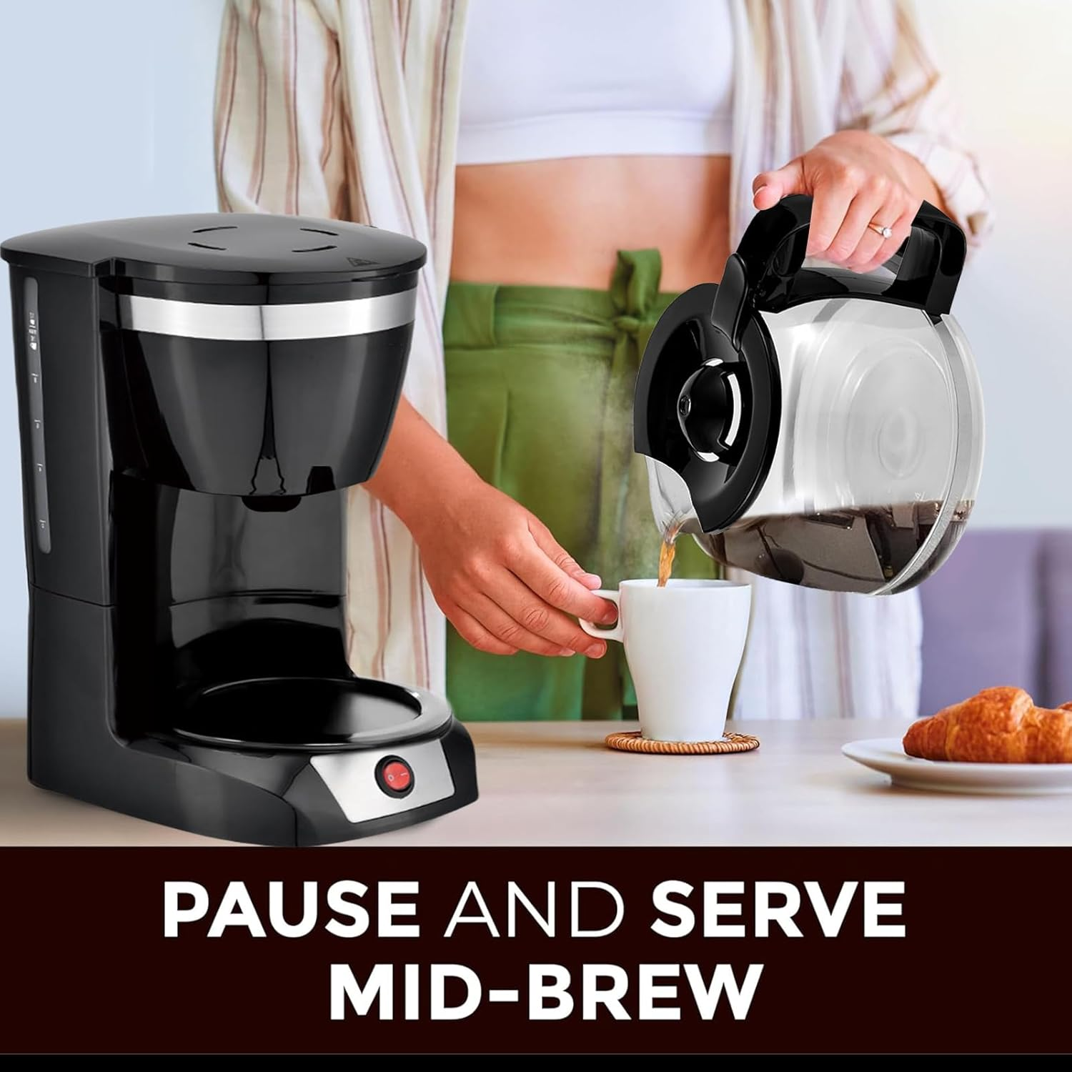 XIULIUU Coffee Maker, 12 Cup Coffee Pot with Reusable Filter, Keep-Warm Function, One-Touch On/Off Clear Water Level Window Coffee Machine, Black Electric Coffee Maker image number 2