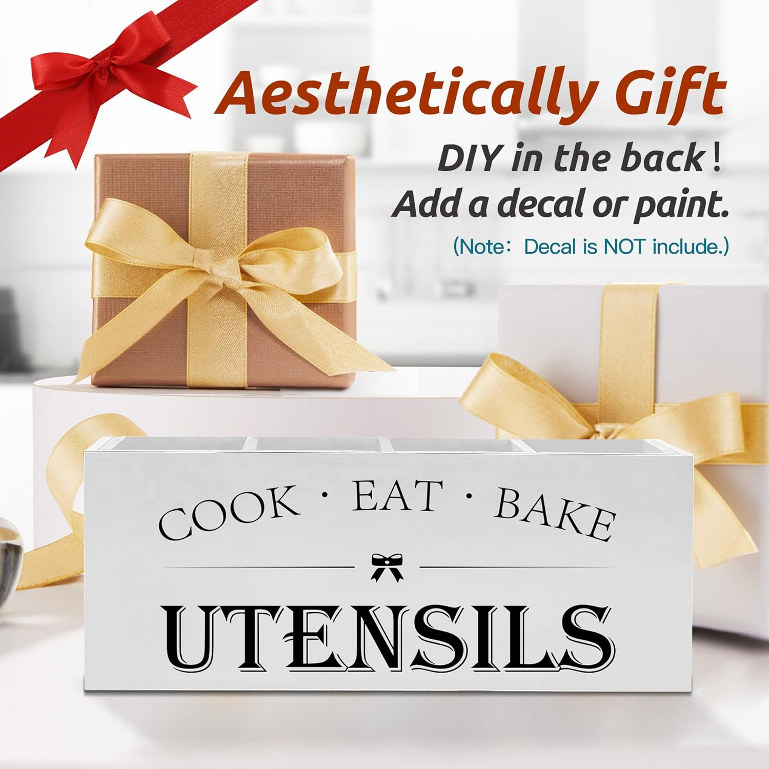 Suli Extra Large Kitchen Utensils Holder with 4 Compartments, Wooden Utensil Organizer for Countertop, Farmhouse Kitchen Decor, Rustic Cooking Utensil - White image number 4