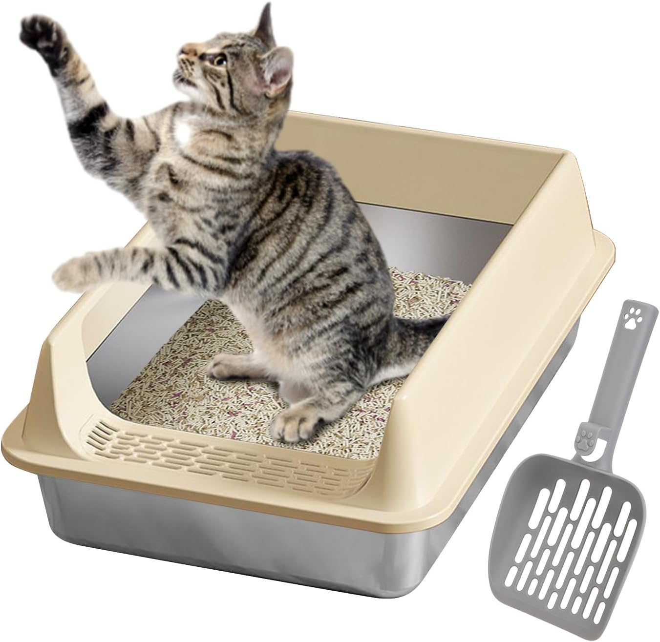 Cat Litter Tray Stainless Steel Cat Litter Tray Splash-Proof with Shovel Non-Stick Cat Accessories for Large Medium Small Cats Home Garden Balcony Patio