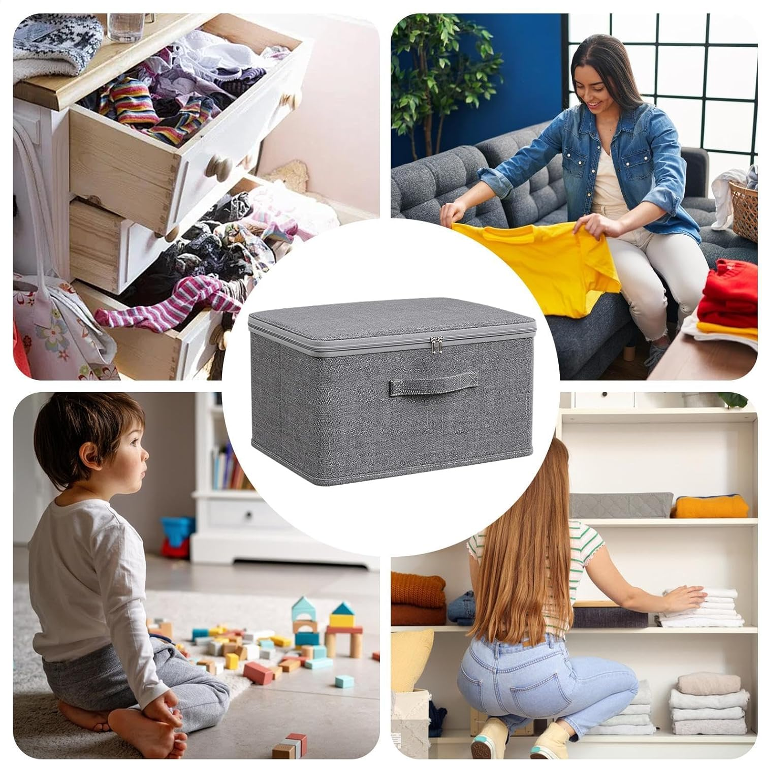 Gihioue Closet Quilt Organiser with Lid, 2 Large Storage Boxes with Zip Lid, Cupboard Basket with Handles for Organising Toys and Clothes image number 4