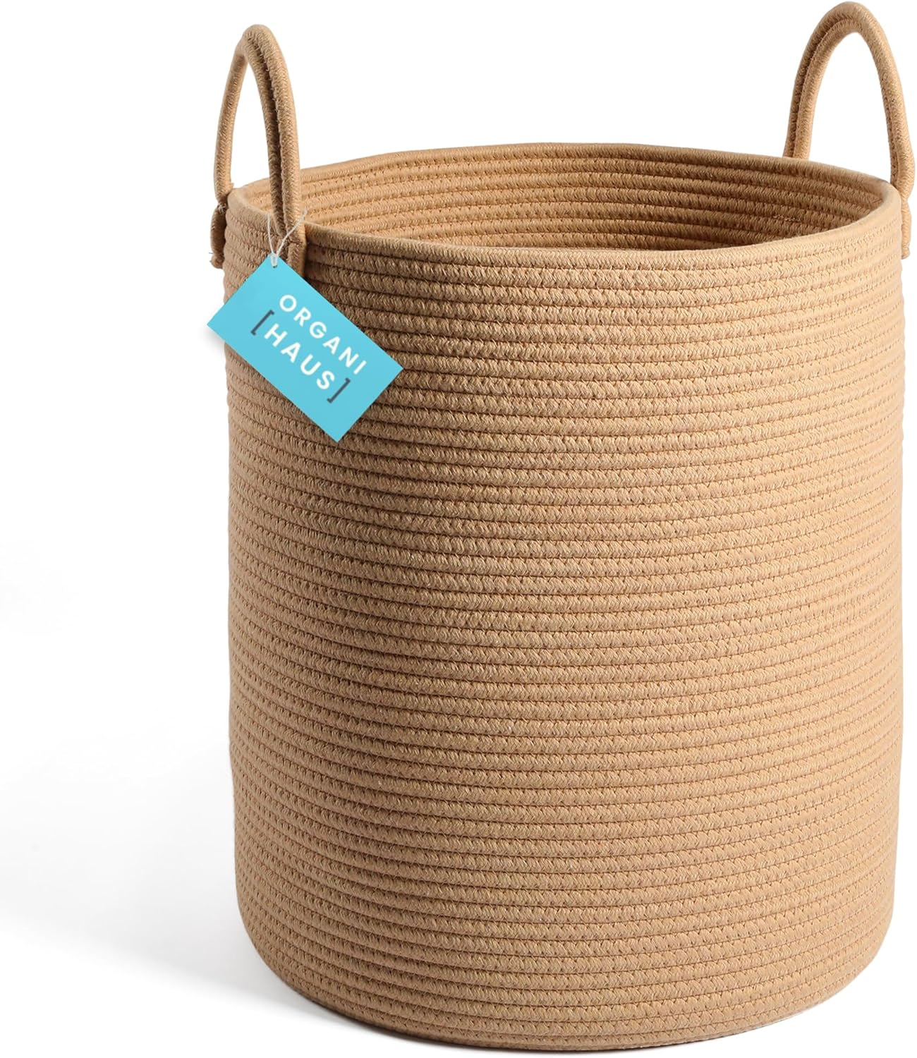 Organihaus Large Woven Cotton Rope Basket 15X18 | Tall Storage for Living Room, Nursery, Laundry | Big Container for Toys, Blankets - Honey image number 4